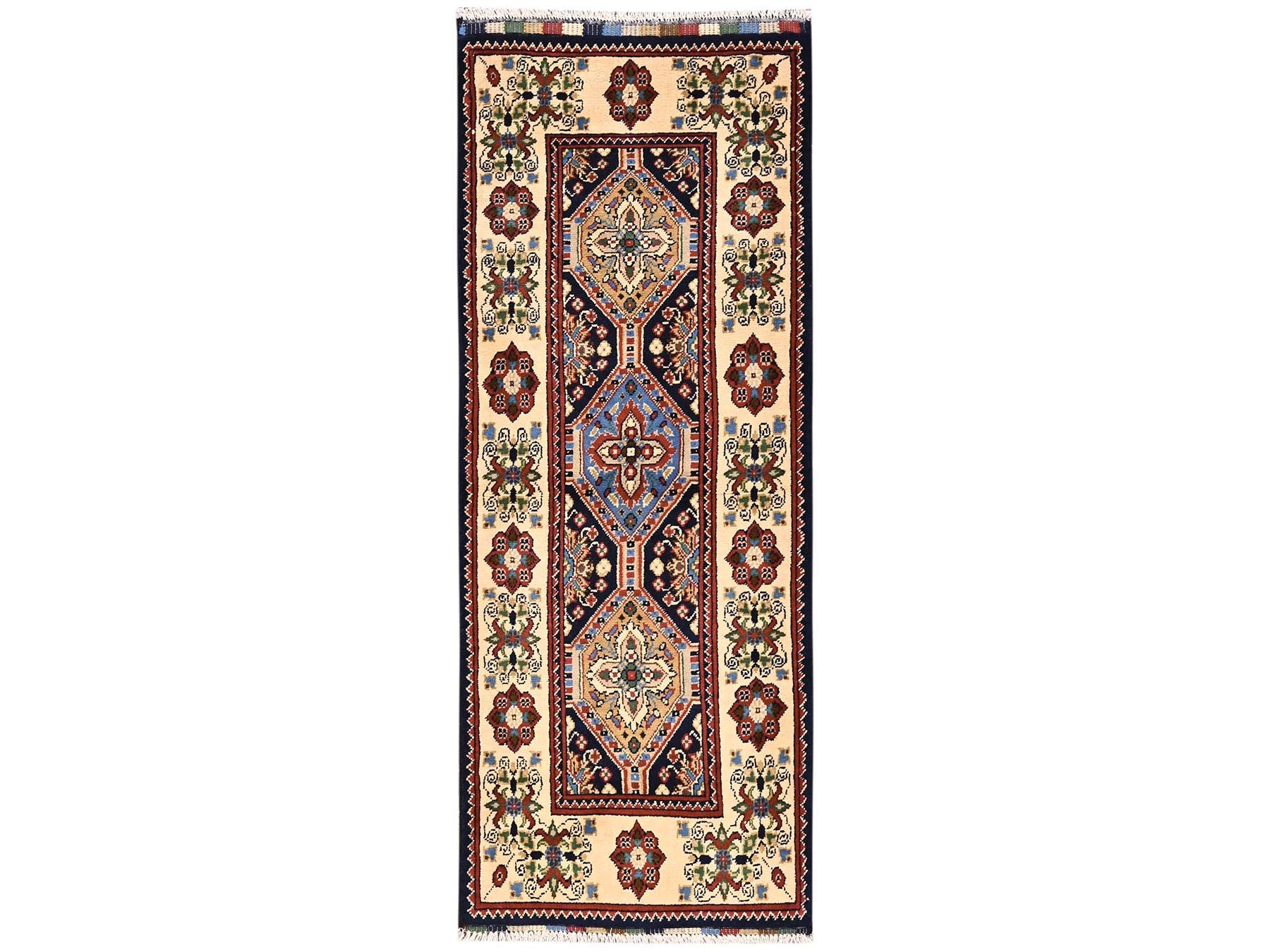 Blue 2'1" x 5'5" Kazak Hand knotted Wool Rug - Sku: O02464