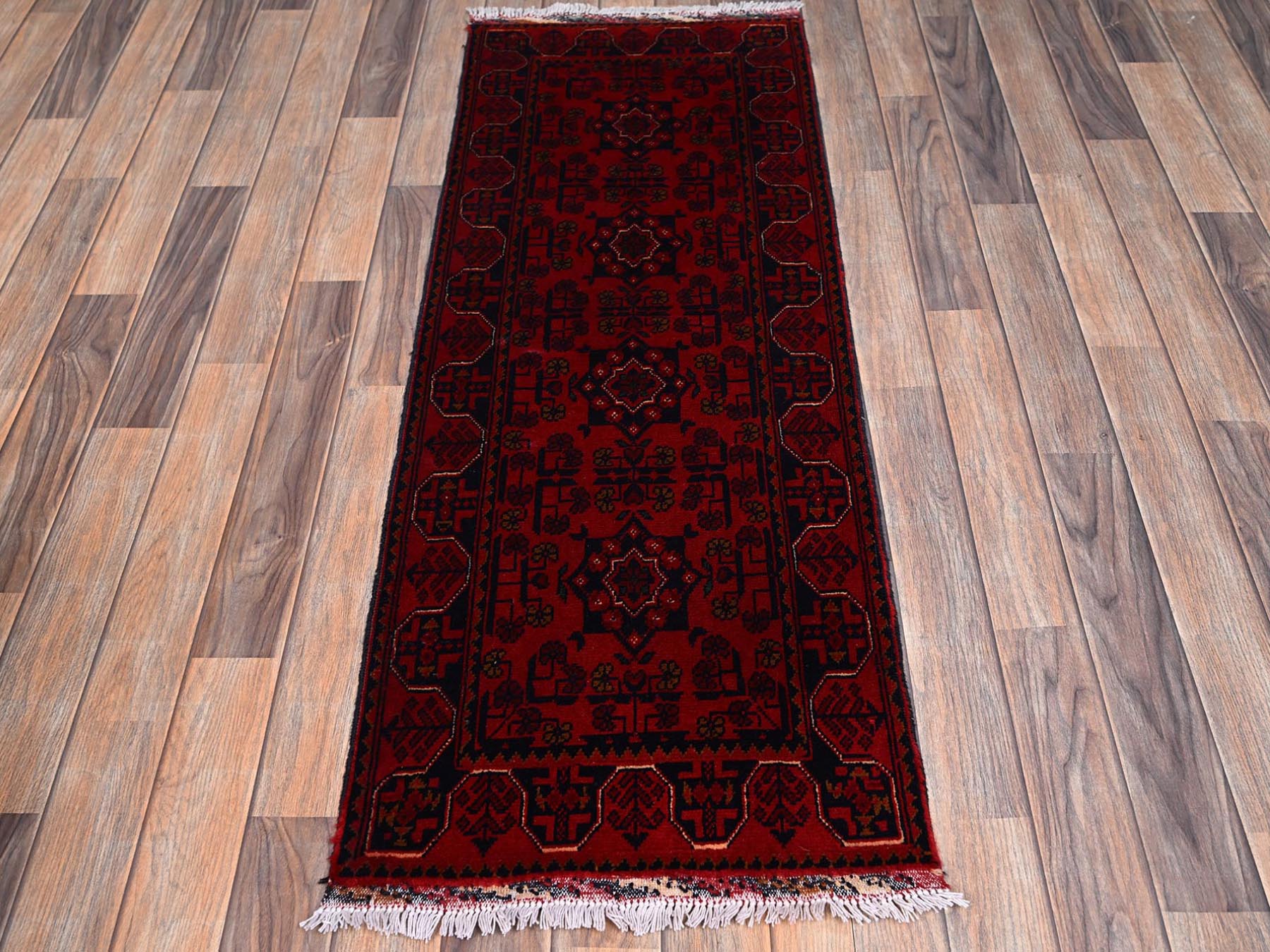 Tribal & Geometric hand-knotted wool runner in Red, 1'10" x 4'10" — SKU O02465 (view 2)