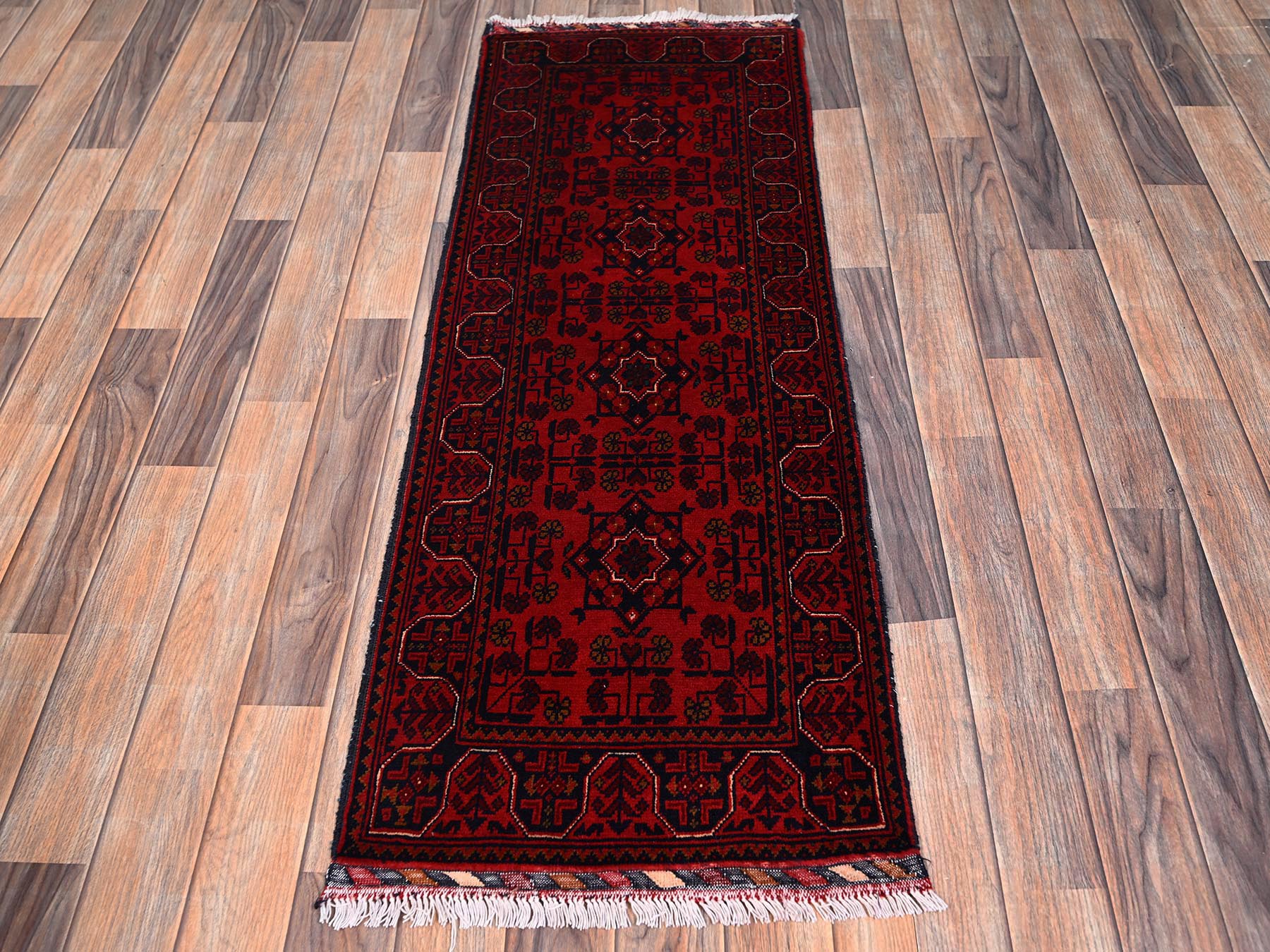 Tribal & Geometric hand-knotted wool runner in Red, 1'9" x 4'11" — SKU O02466 (view 2)