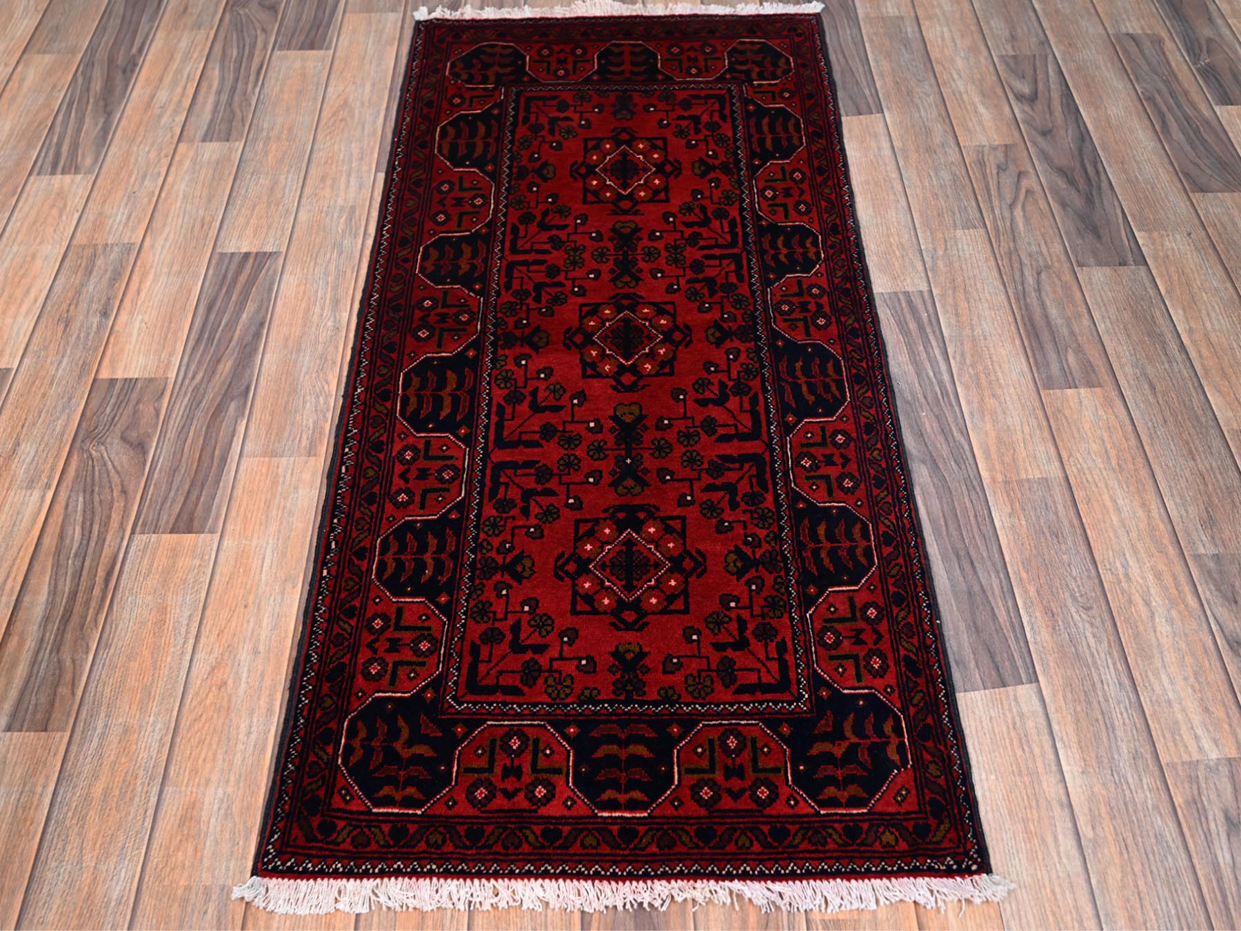 Tribal & Geometric hand-knotted wool runner in Red, 2'1" x 4'9" — SKU O02467 (view 2)