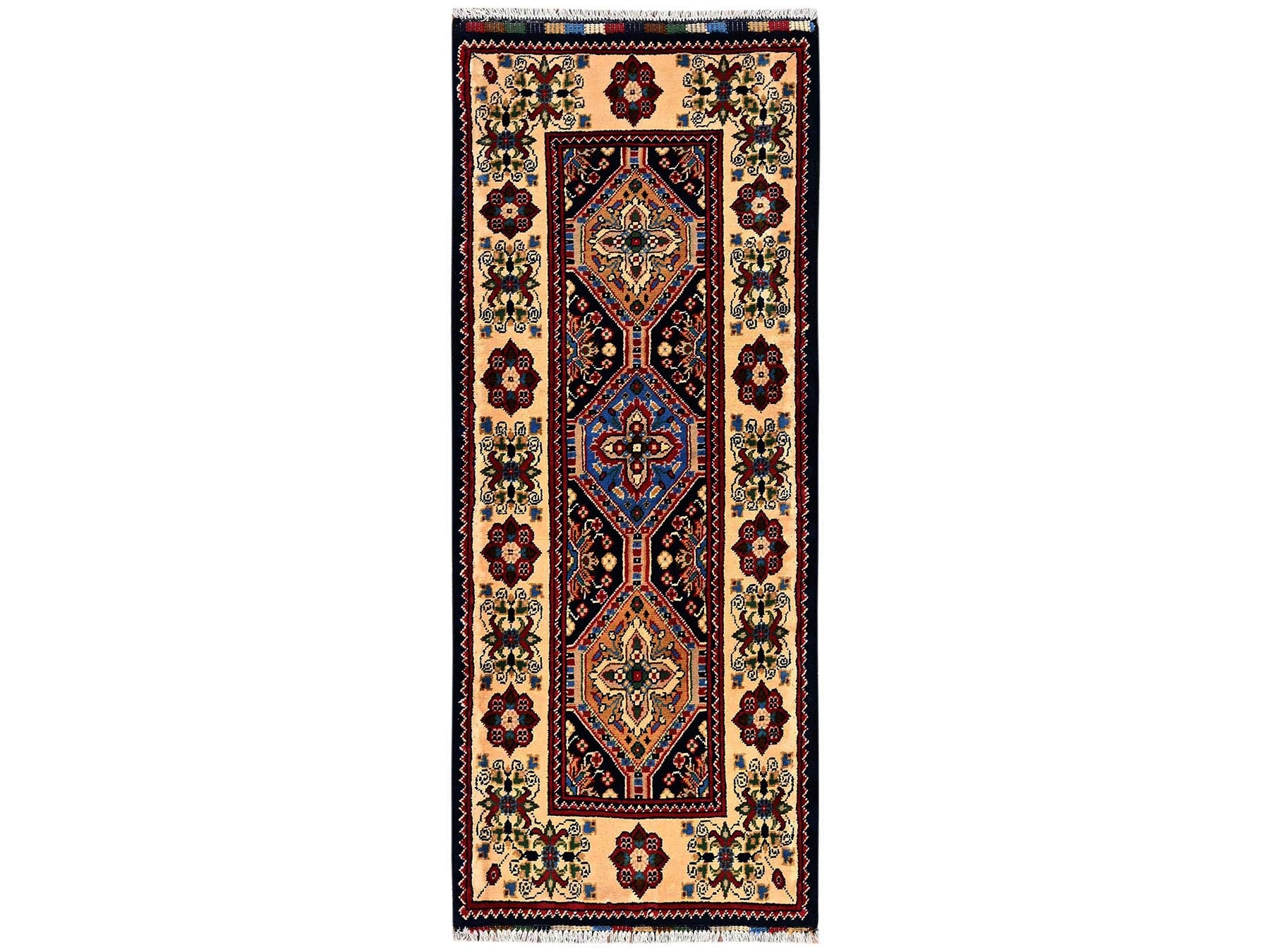 Kazak hand-knotted wool runner in Blue & Ivory, 2'2" x 5'4" — SKU O02468
