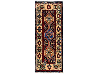 Kazak hand-knotted wool runner in Blue & Ivory, 2'2" x 5'4" — SKU O02468