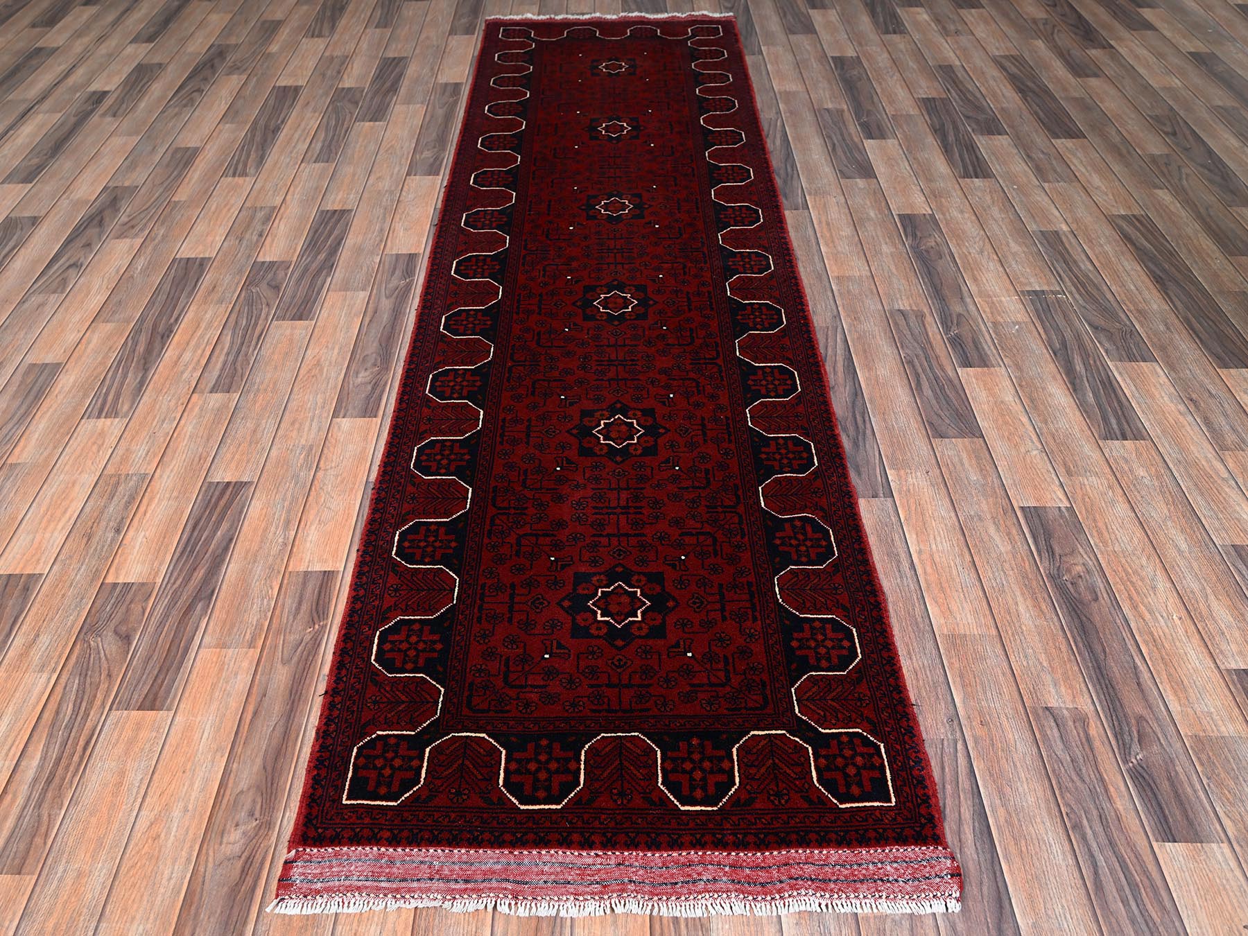 Tribal & Geometric hand-knotted wool runner in Red, 2'9" x 9'7" — SKU O02484 (view 2)