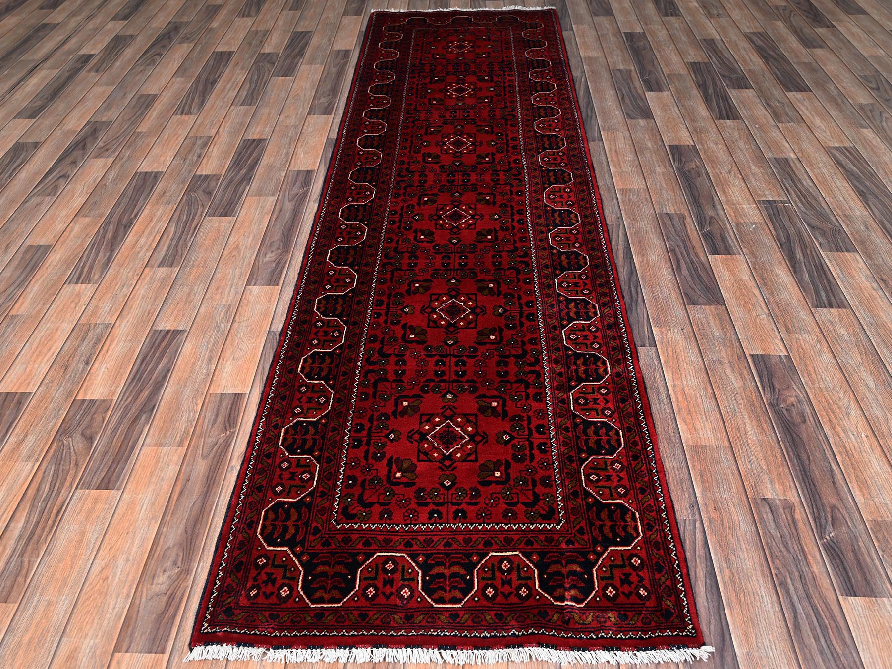 Tribal & Geometric hand-knotted wool runner in Red, 2'9" x 9'8" — SKU O02488 (view 2)