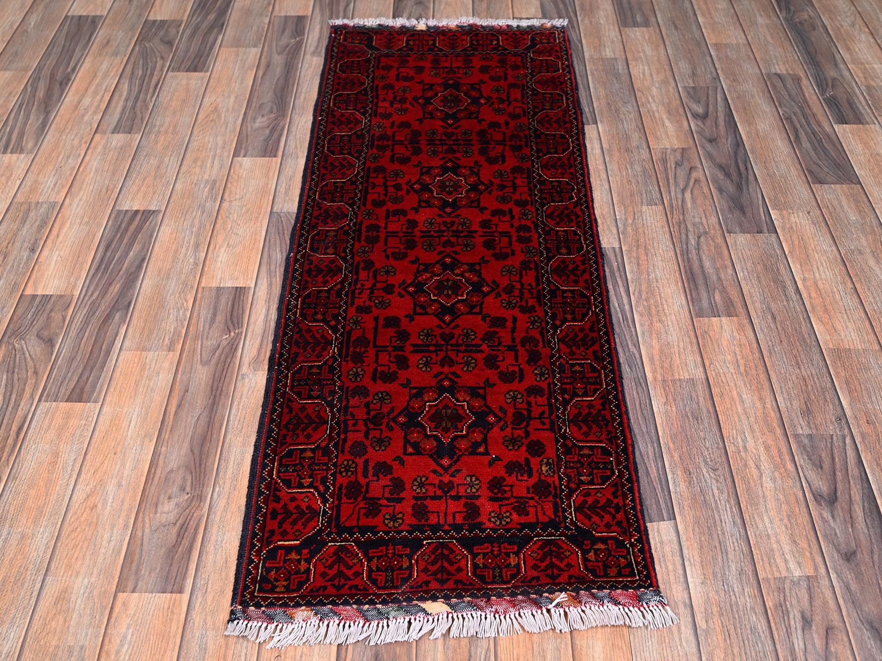 Tribal & Geometric hand-knotted wool runner in Red, 1'9" x 4'11" — SKU O02495 (view 2)