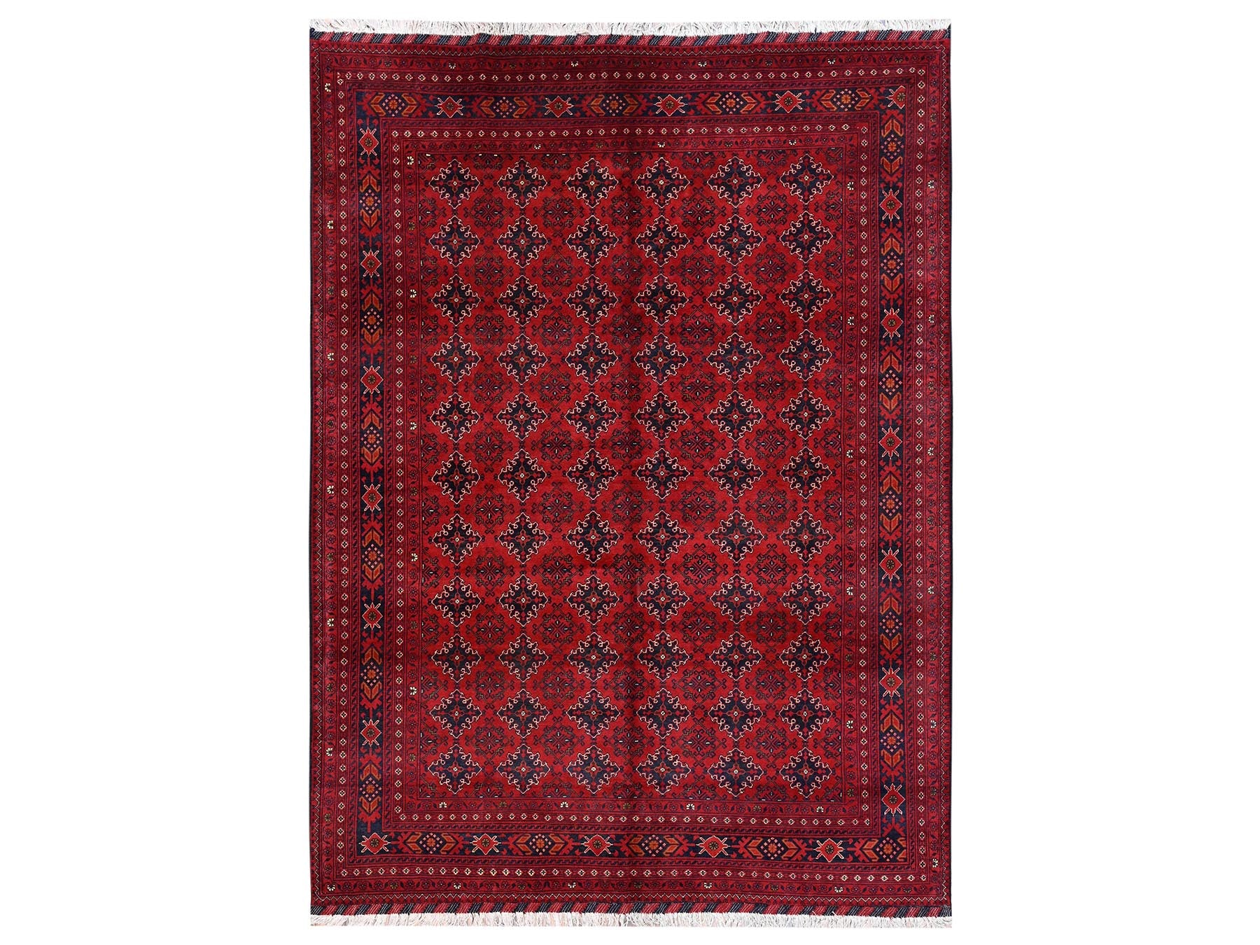 Tribal & Geometric hand-knotted wool rug in Red & Midnight Blue, 8'2" x 11' — SKU O02497