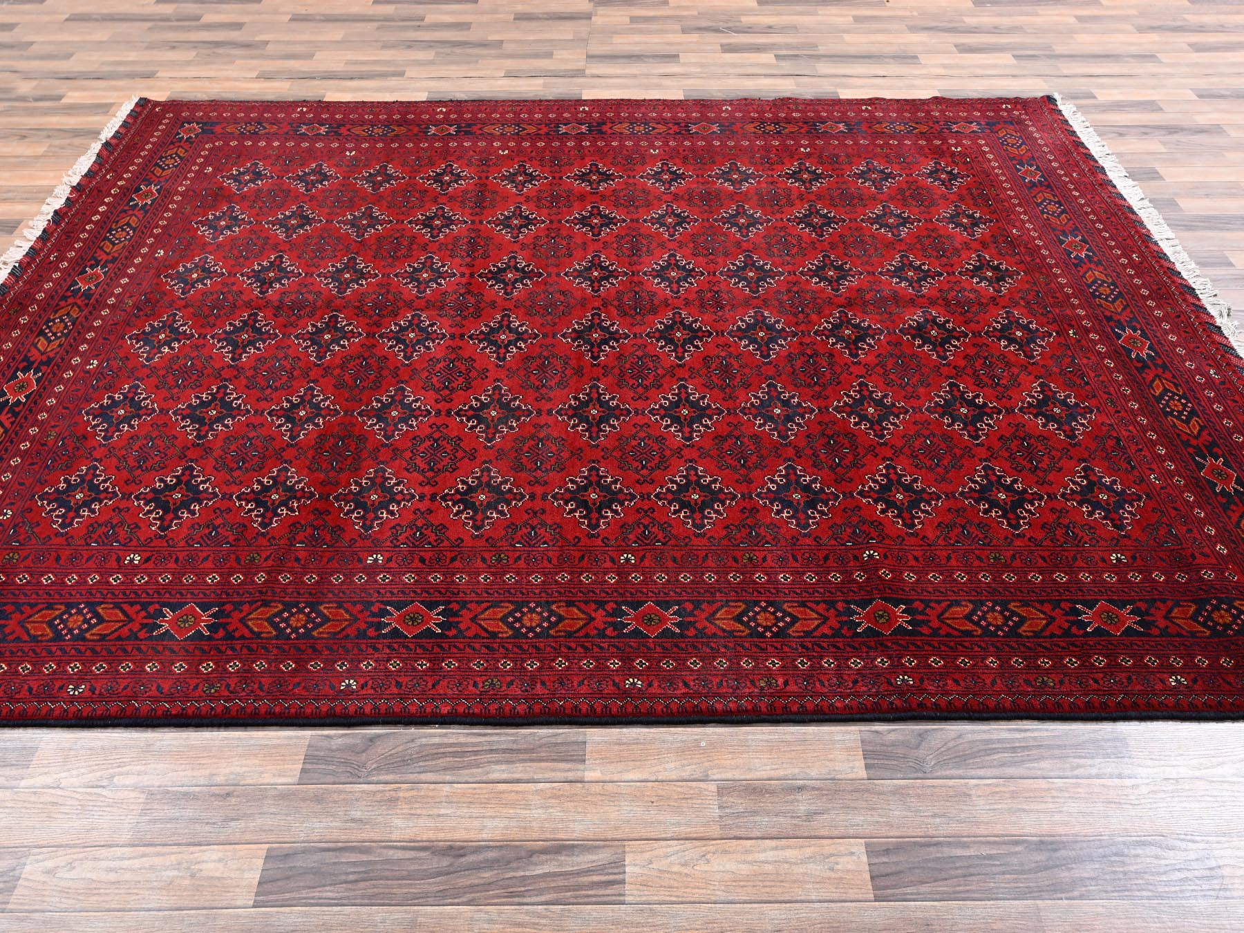 Tribal & Geometric hand-knotted wool rug in Red & Midnight Blue, 8'2" x 11' — SKU O02497 (view 4)
