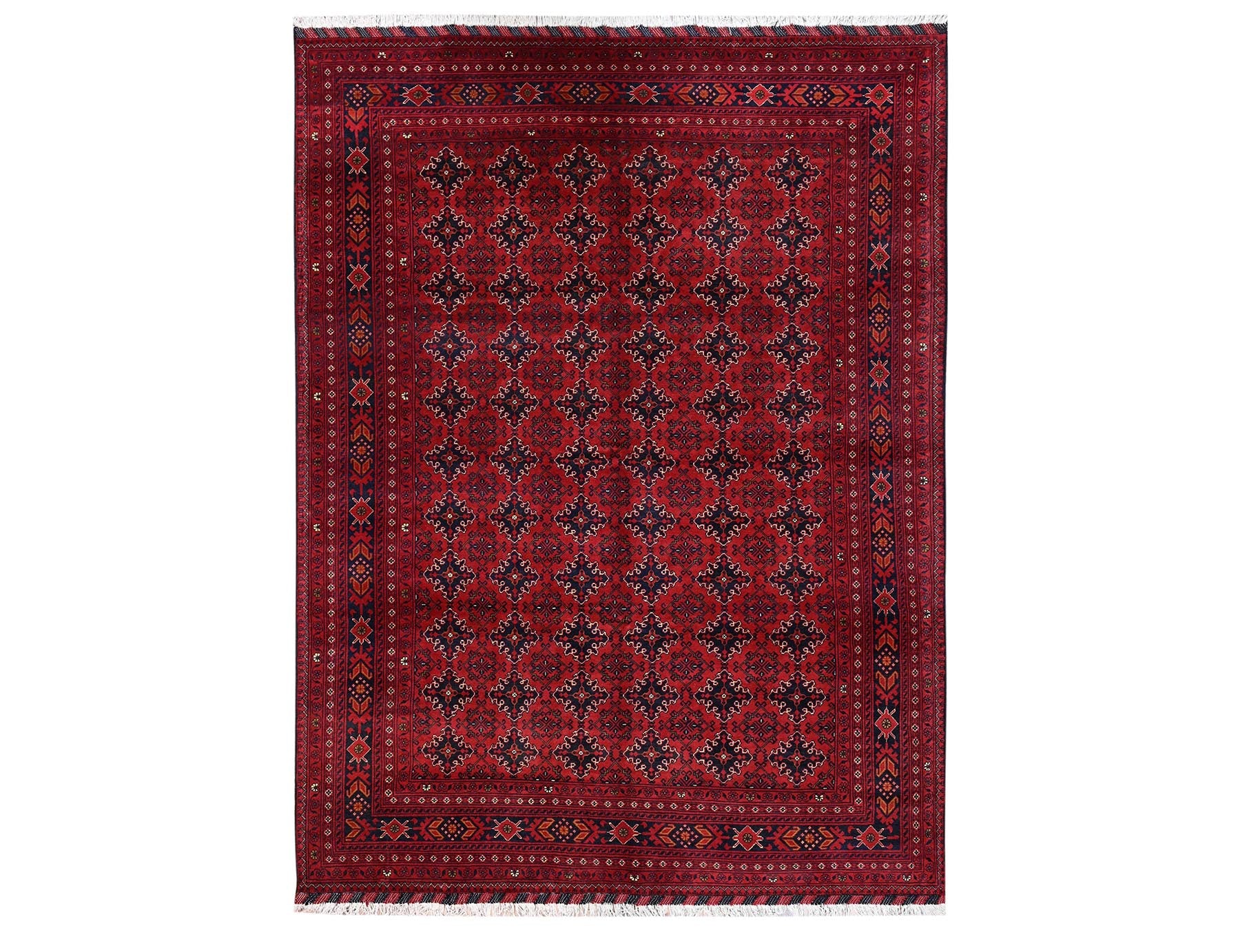 Tribal & Geometric hand-knotted wool rug in Red & Midnight Blue, 8'2" x 11' — SKU O02499