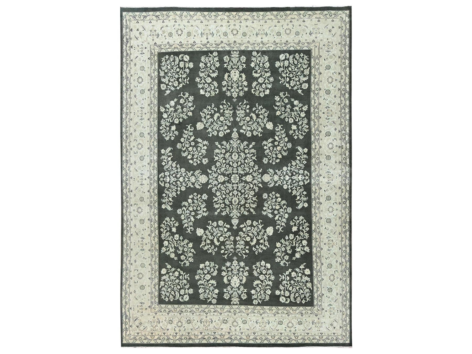 Sarouk Vintage hand-knotted wool rug in Green & Ivory, 9'8" x 14'2" — SKU O02529