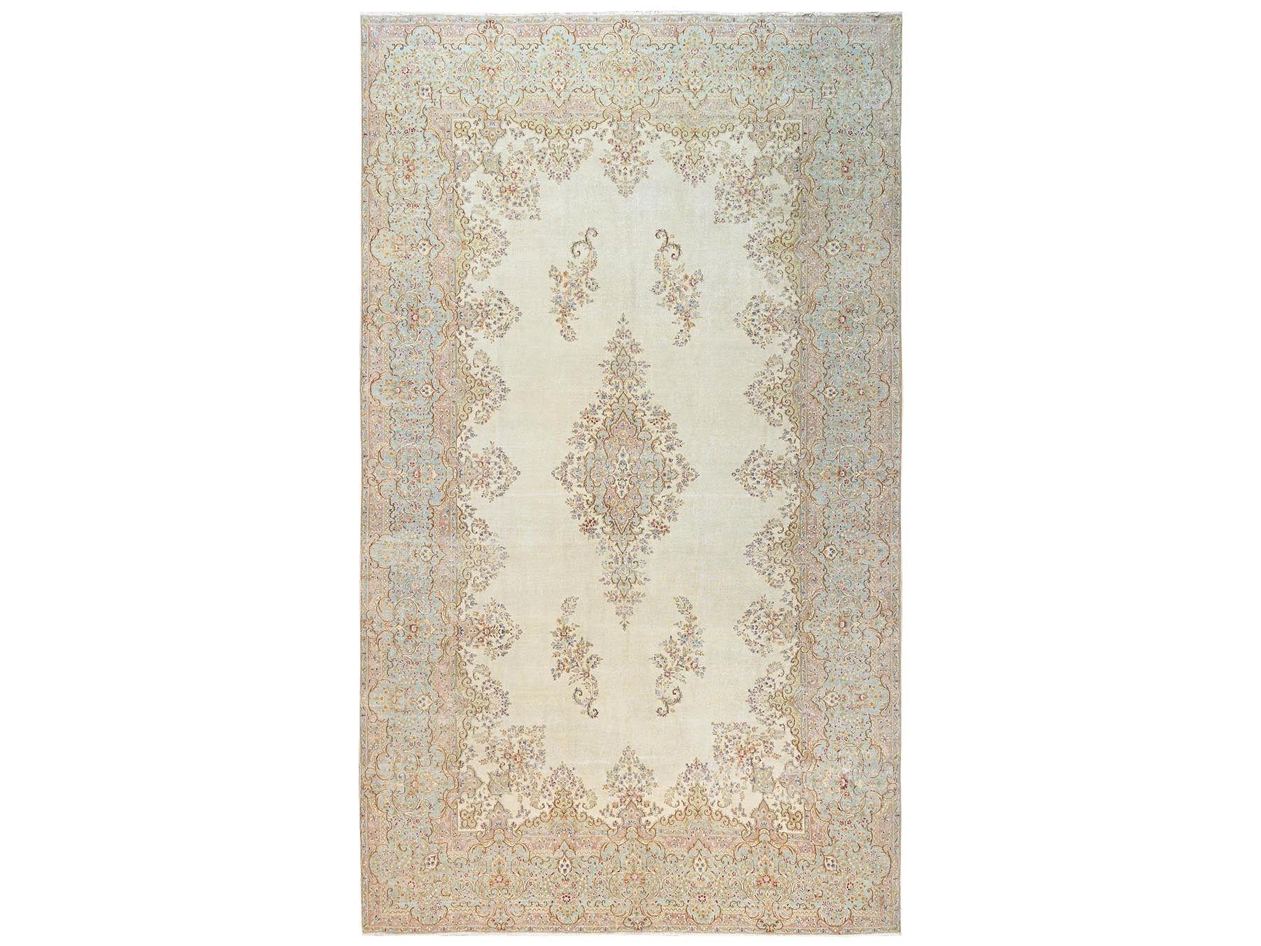 Kerman Vintage hand-knotted wool rug in Ivory & Light Green, 12'3" x 21'1" — SKU O02532