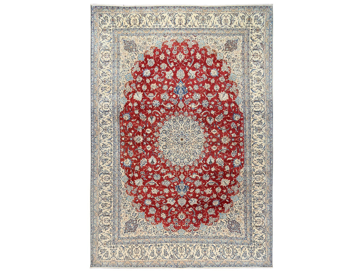 Nain Vintage hand-knotted wool/silk rug in Red & Ivory, 13'5" x 19'4" — SKU O02533