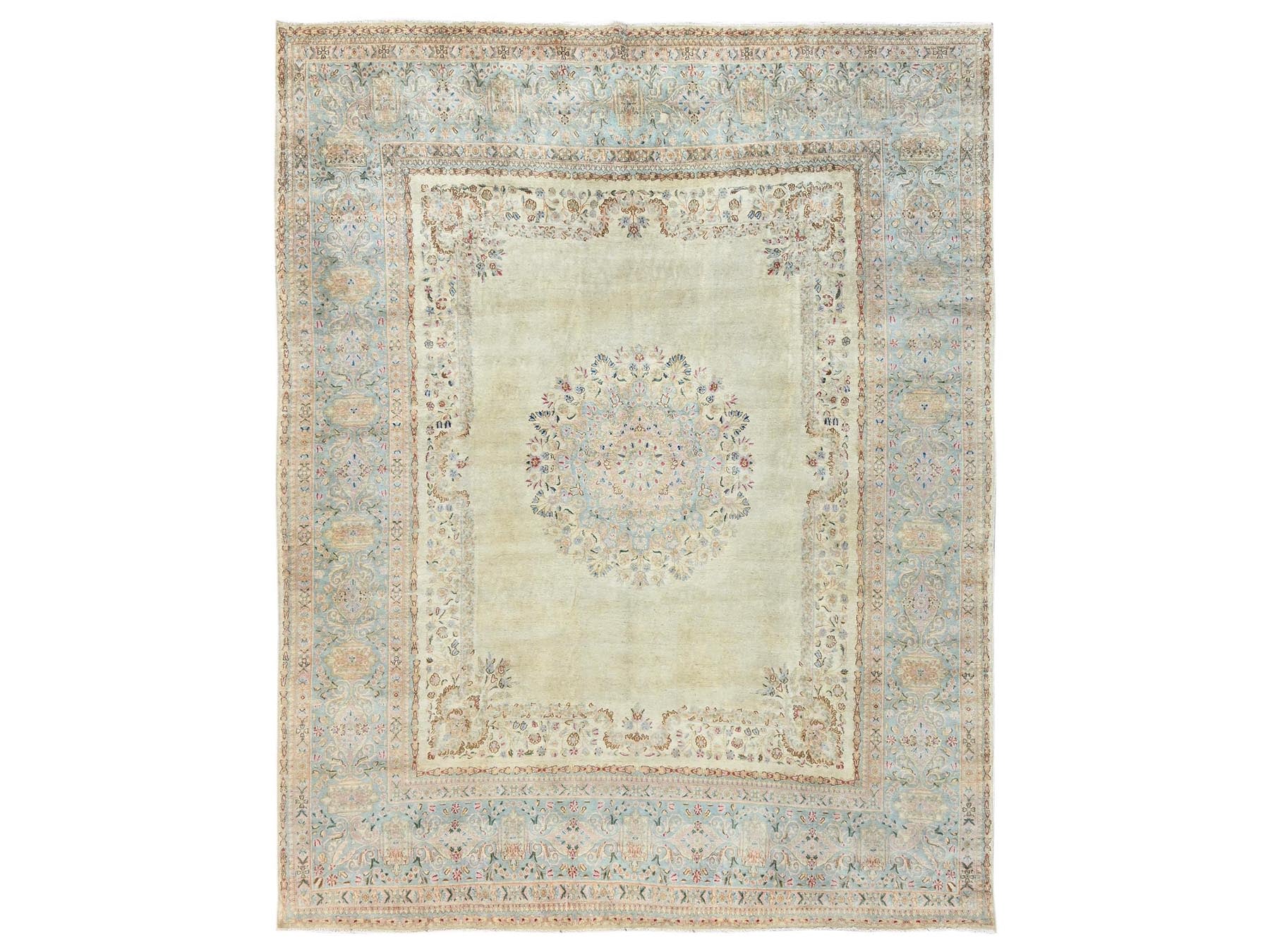 Kerman Vintage hand-knotted wool rug in Ivory & Light Green, 9'3" x 11'9" — SKU O02535
