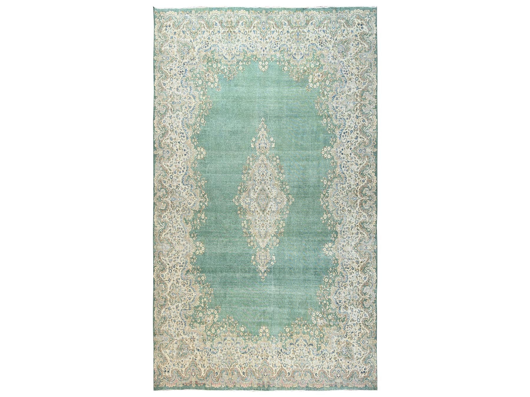 Kerman Vintage hand-knotted wool rug in Green & Ivory, 12'3" x 21'2" — SKU O02538