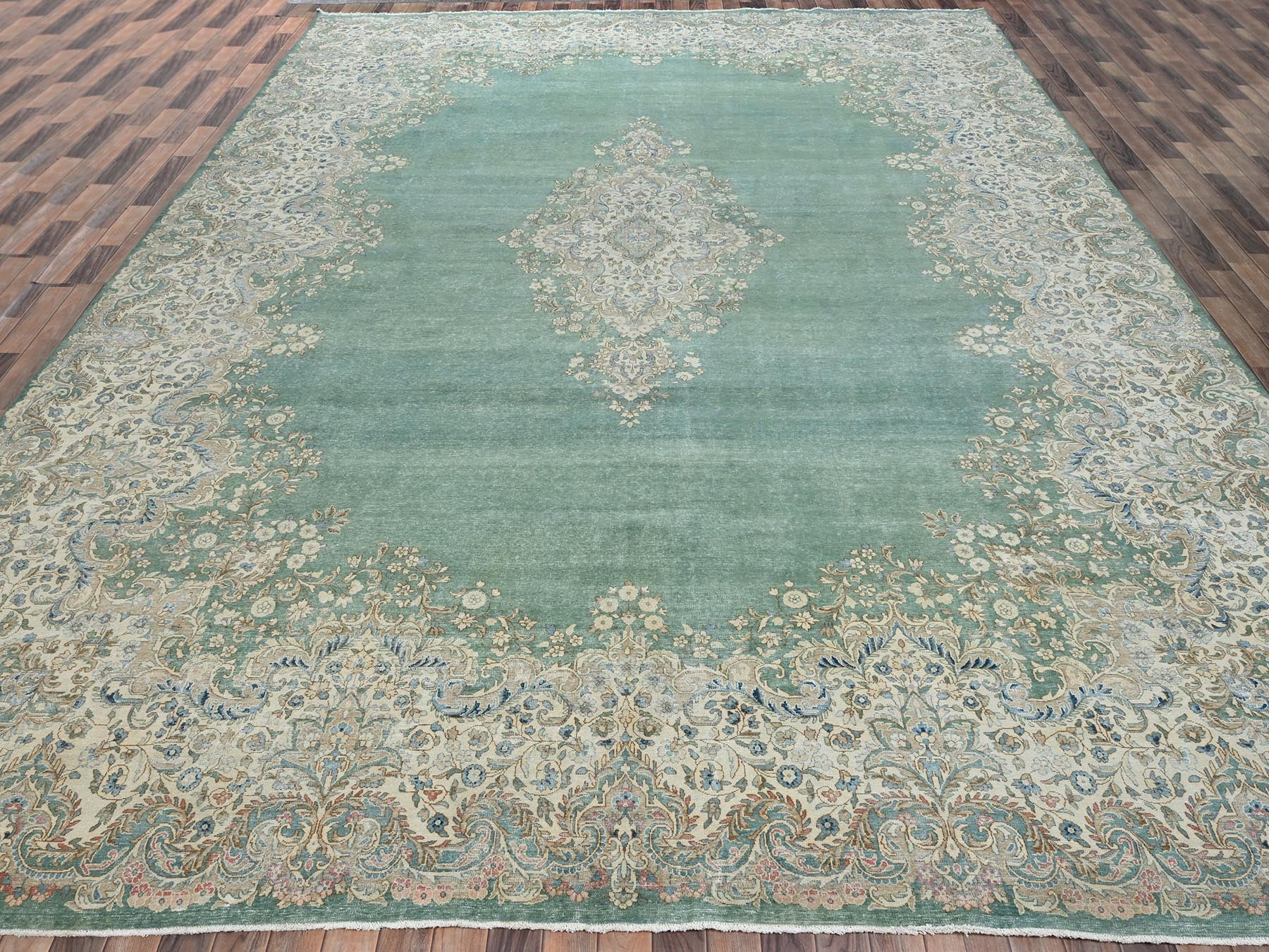 Kerman Vintage hand-knotted wool rug in Green & Ivory, 12'3" x 21'2" — SKU O02538 (view 2)