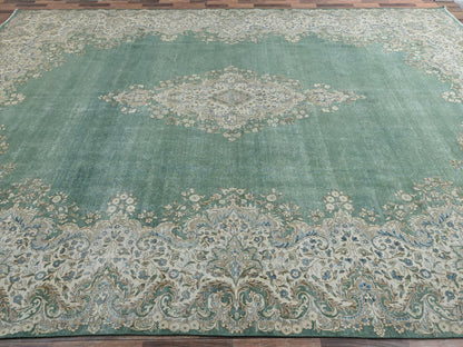 Kerman Vintage hand-knotted wool rug in Green & Ivory, 12'3" x 21'2" — SKU O02538 (view 4)