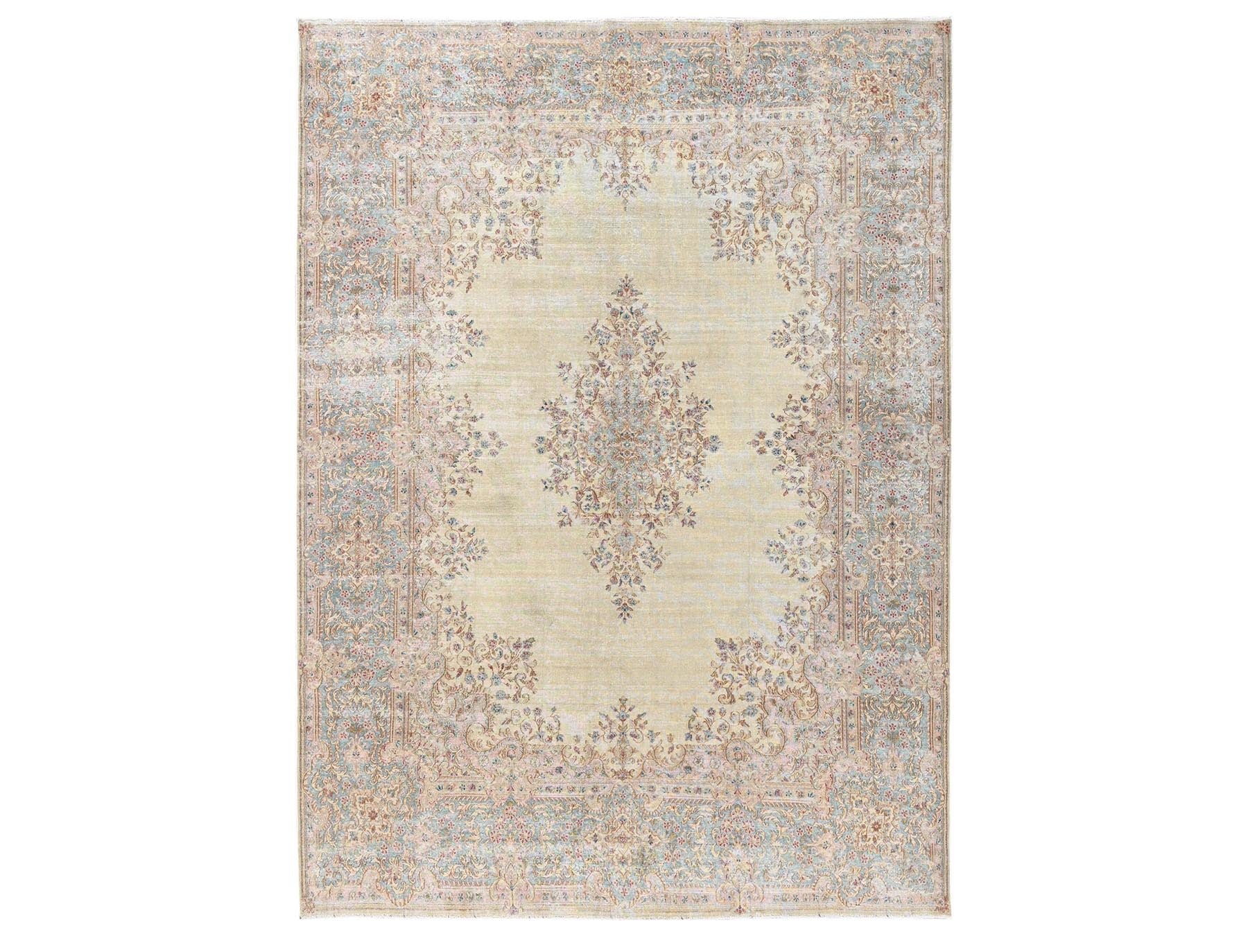 Kerman Vintage hand-knotted wool rug in Ivory & Light Blue, 8'7" x 11'10" — SKU O02539