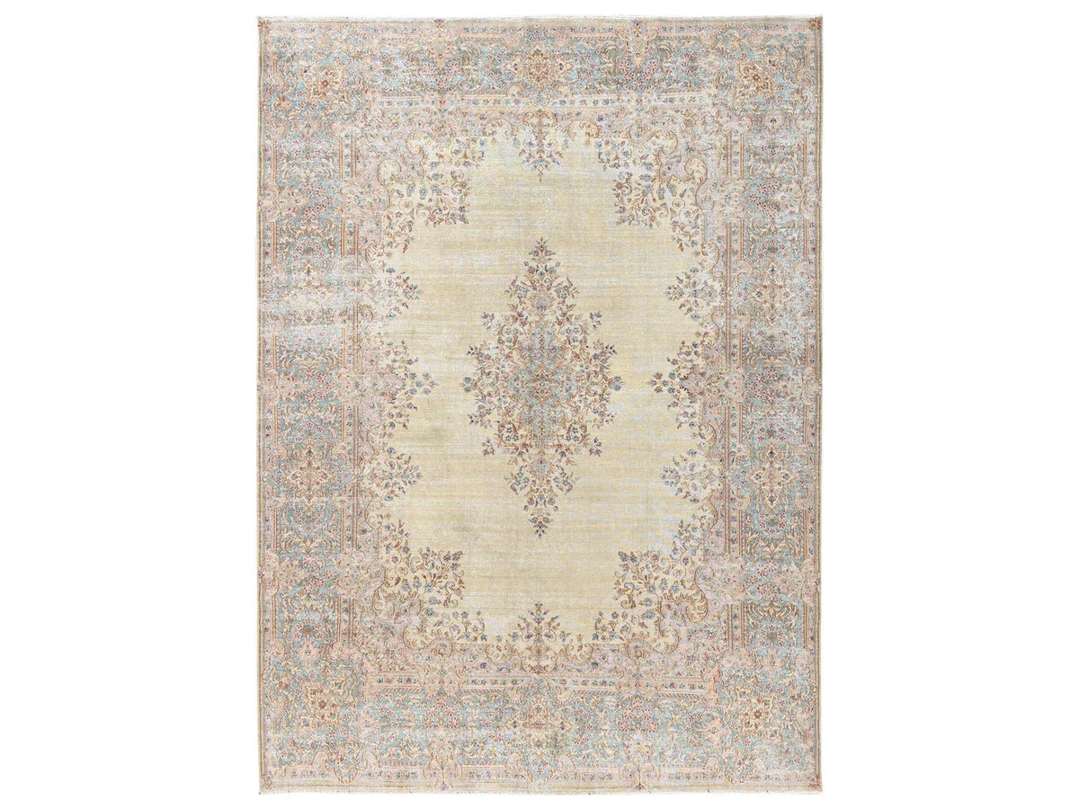 Kerman Vintage hand-knotted wool rug in Ivory & Light Blue, 8'7" x 11'10" — SKU O02539