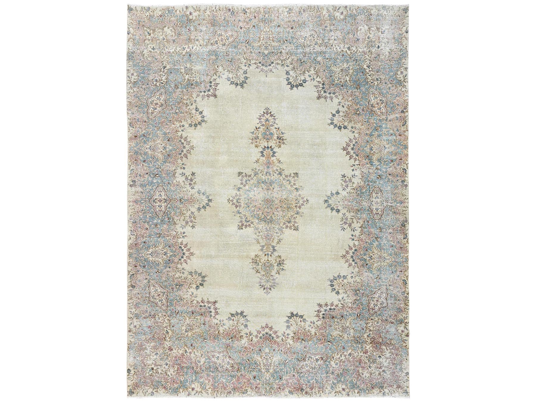 Kerman Vintage hand-knotted wool rug in Ivory & Light Blue, 9'11" x 13'9" — SKU O02540
