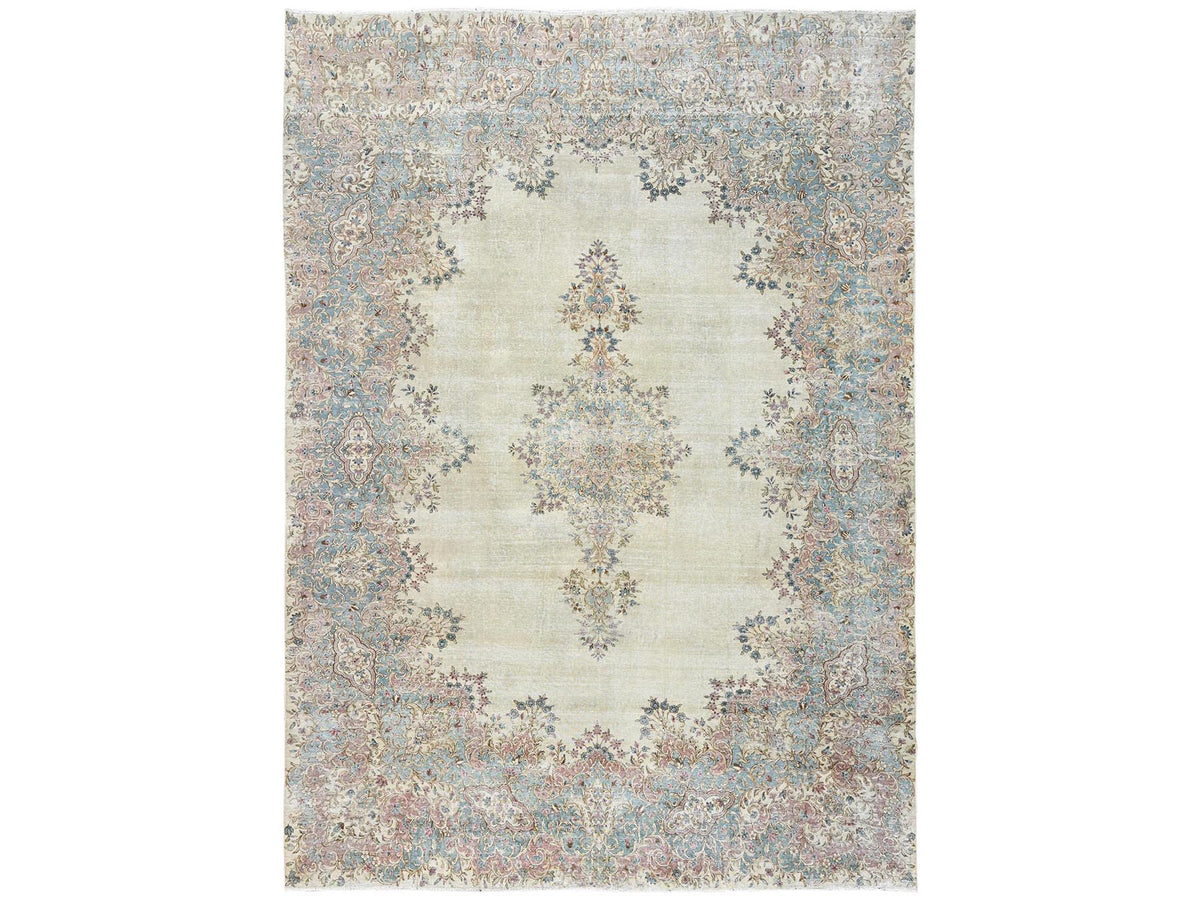 Kerman Vintage hand-knotted wool rug in Ivory & Light Blue, 9'11" x 13'9" — SKU O02540