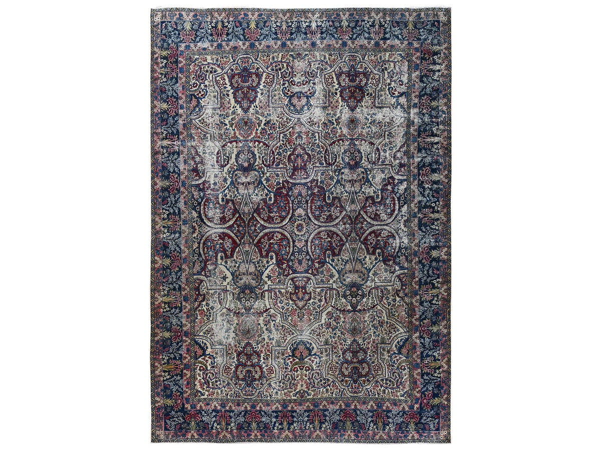 Kerman Antique hand-knotted wool rug in Ivory & Navy Blue, 11'8" x 17' — SKU O02543