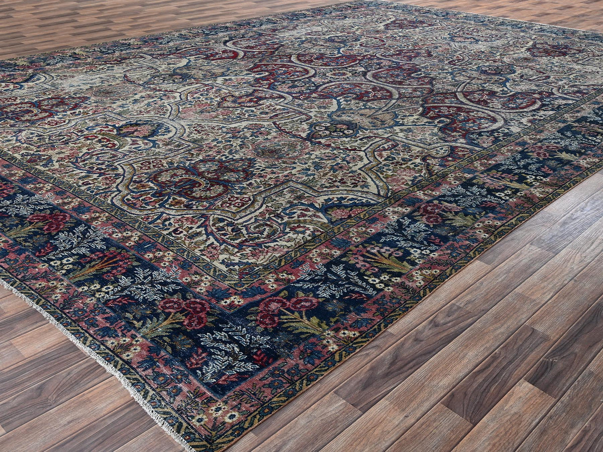 Kerman Antique hand-knotted wool rug in Ivory & Navy Blue, 11'8" x 17' — SKU O02543 (view 3)