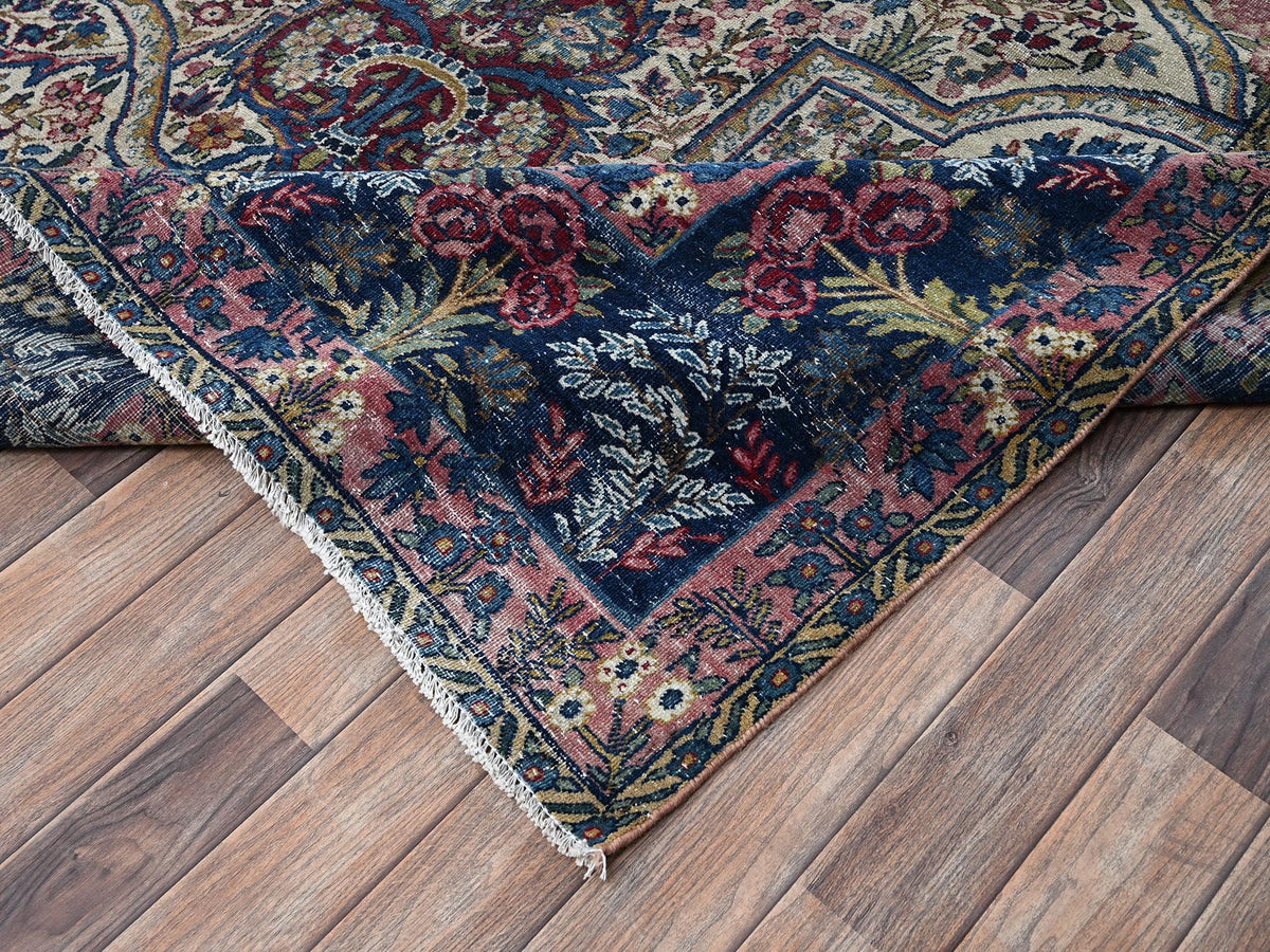 Kerman Antique hand-knotted wool rug in Ivory & Navy Blue, 11'8" x 17' — SKU O02543 (view 7)