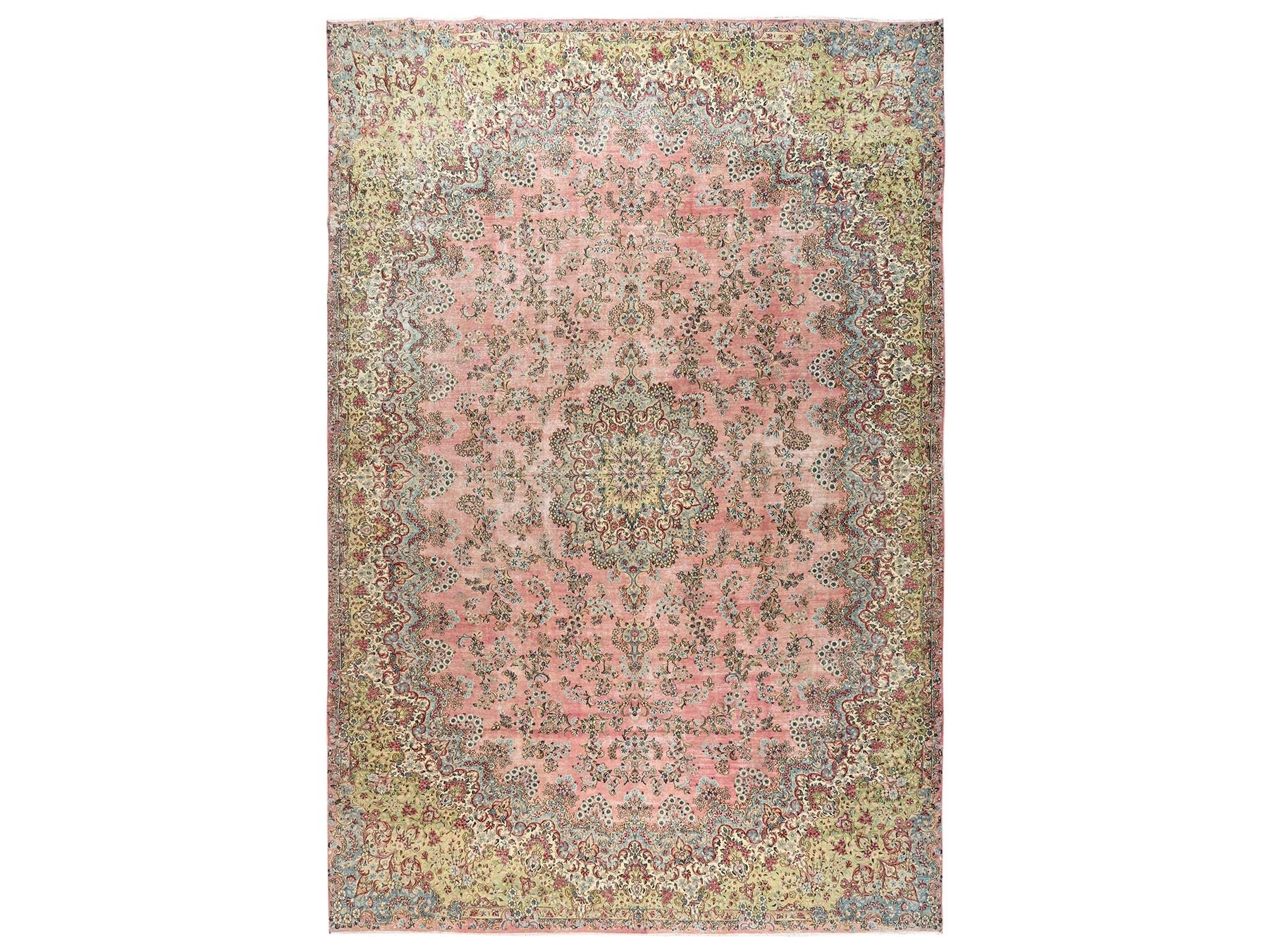 Kerman Vintage hand-knotted wool rug in Pink & Green, 12'4" x 18'4" — SKU O02544