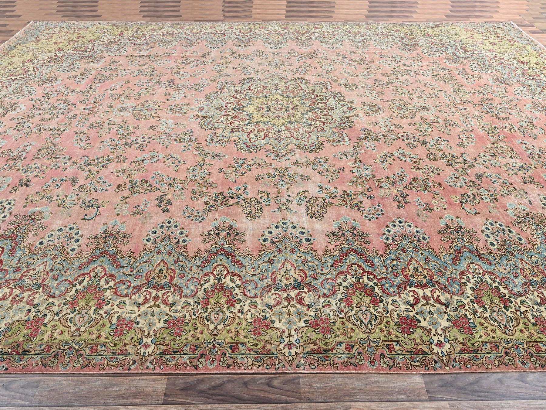 Kerman Vintage hand-knotted wool rug in Pink & Green, 12'4" x 18'4" — SKU O02544 (view 4)