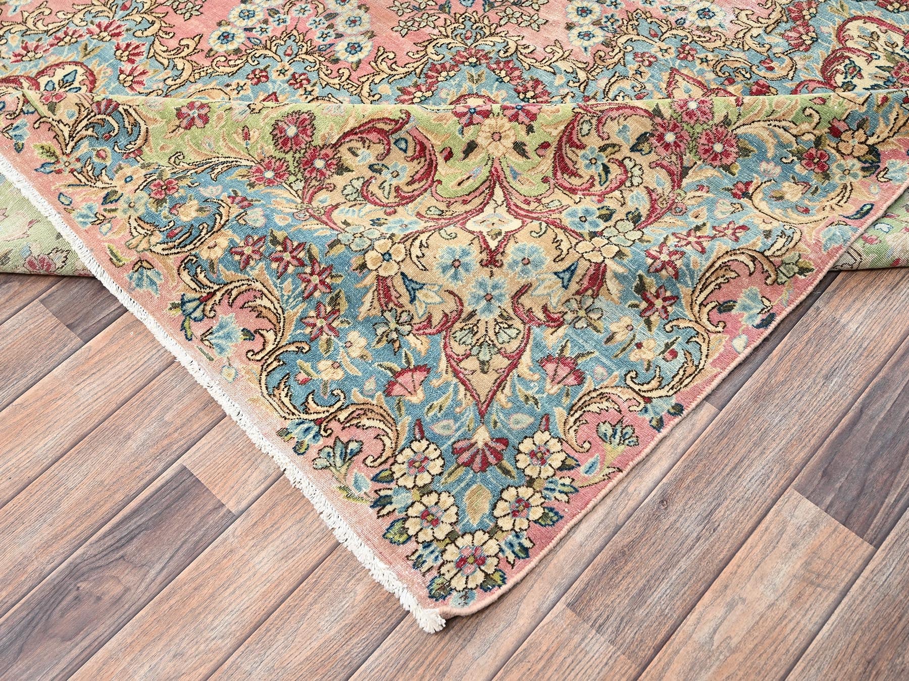 Kerman Vintage hand-knotted wool rug in Pink & Green, 12'4" x 18'4" — SKU O02544 (view 7)