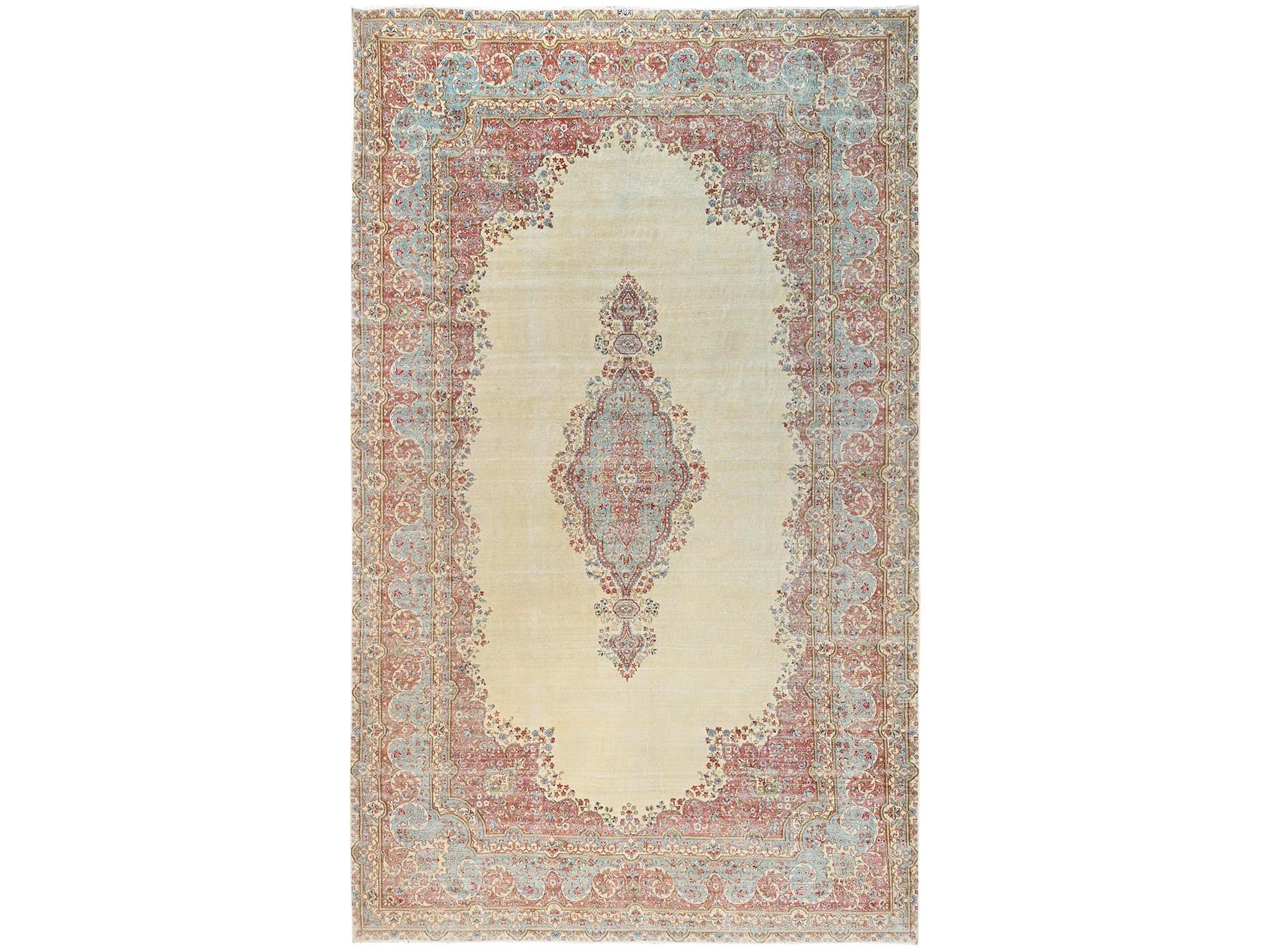 Kerman Vintage hand-knotted wool rug in Ivory & Light Blue, 11'8" x 19'5" — SKU O02545