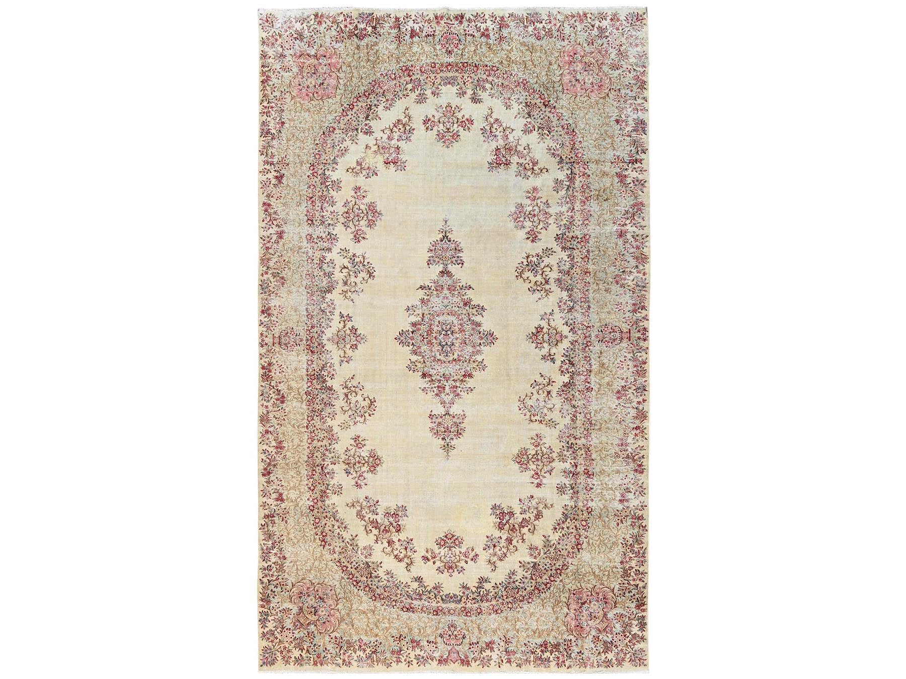 Kerman Vintage hand-knotted wool rug in Ivory & Light Green, 8'5" x 14'5" — SKU O02548