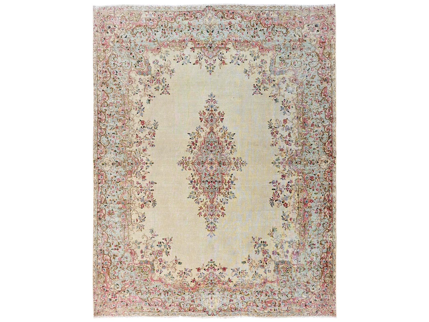 Kerman Vintage hand-knotted wool rug in Ivory & Light Green, 7'10" x 10' — SKU O02550