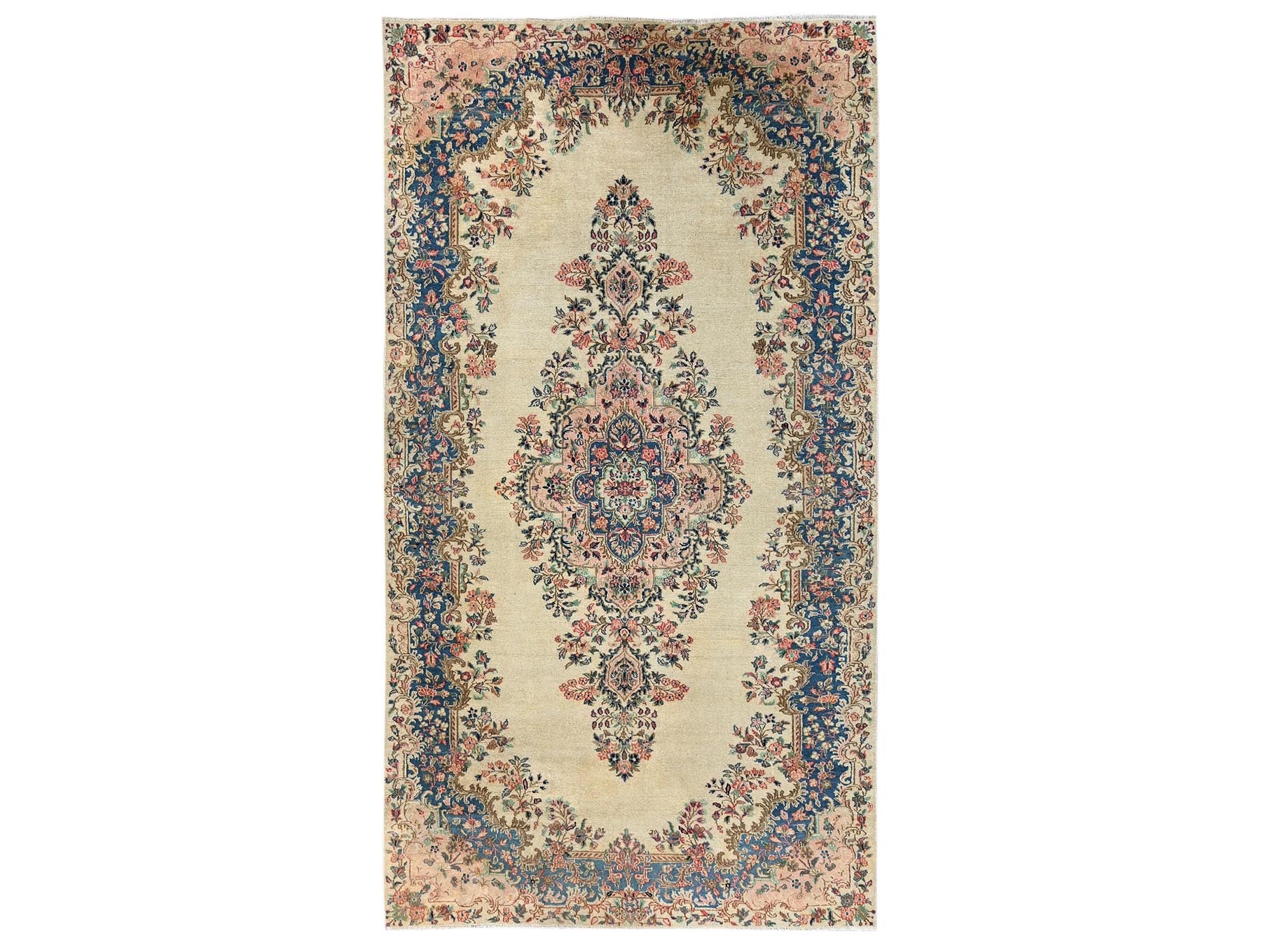 Kerman Vintage hand-knotted wool runner in Ivory & Blue, 5'11" x 11'5" — SKU O02551