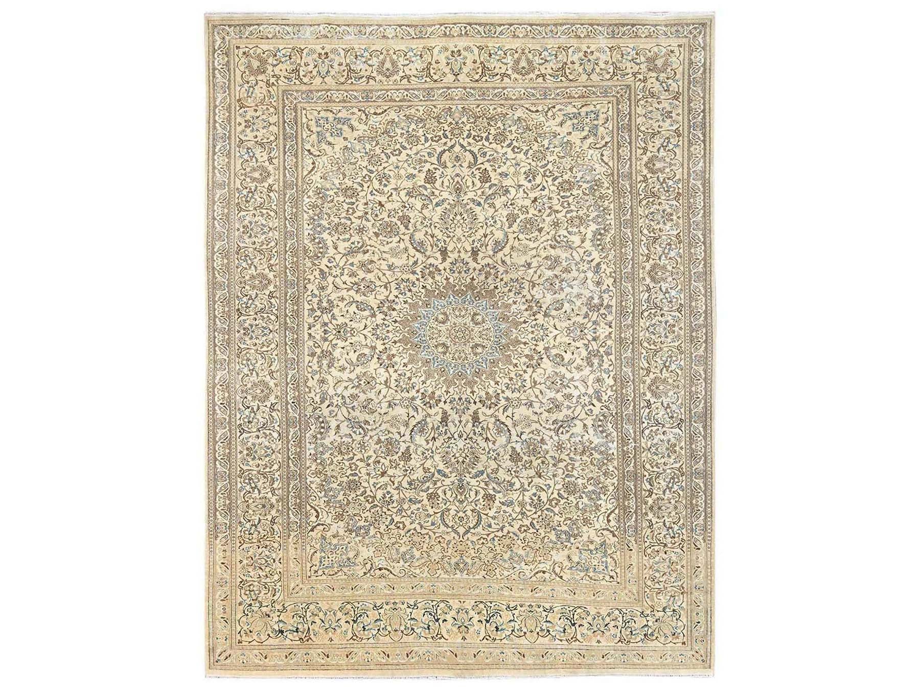 Nain Vintage hand-knotted wool/silk rug in Ivory, 9'7" x 13'3" — SKU O02556