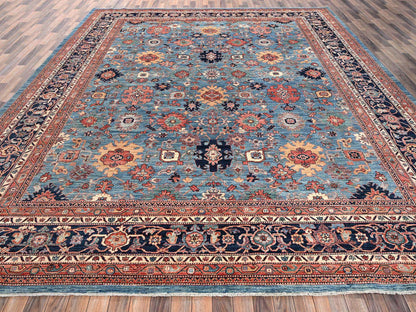 Blue 12'1" x 14'9" Tribal & Geometric Hand knotted Wool Rug - Sku: O02566