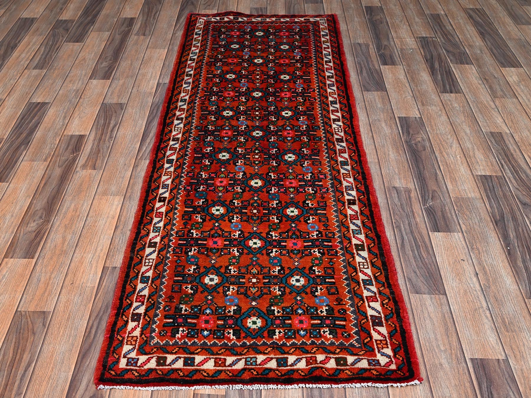 Tribal & Geometric hand-knotted wool runner in Red & Ivory, 2'5" x 6'5" — SKU O02586 (view 2)