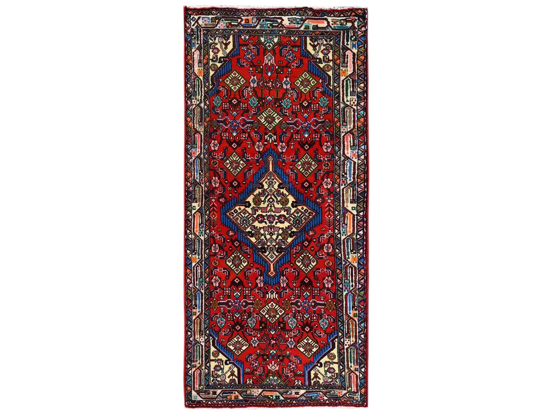 Hamadan Tribal & Geometric hand-knotted wool runner in Red & Ivory, 2'8" x 5'11" — SKU O02587