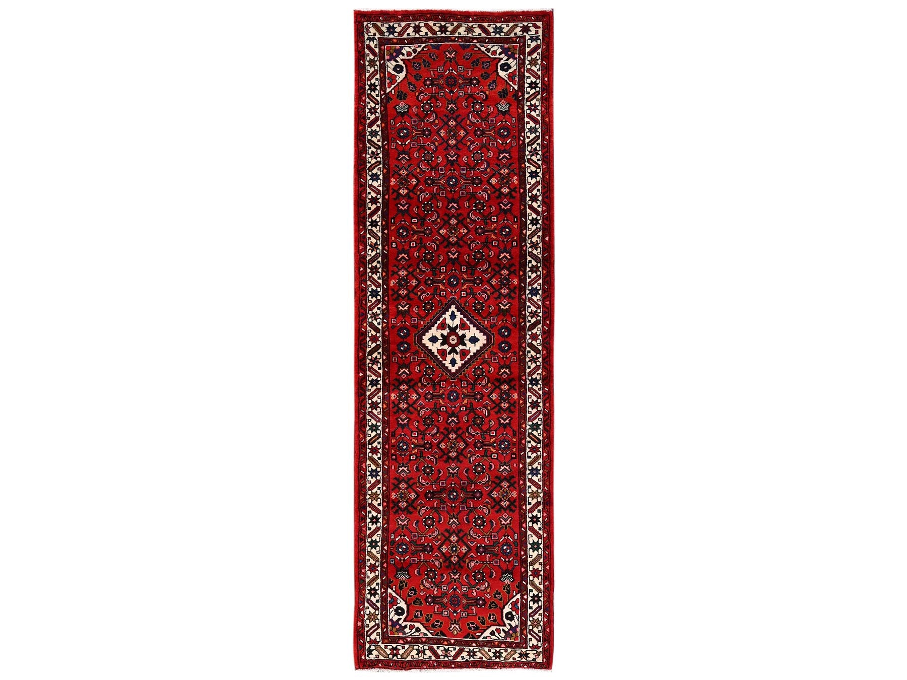Tribal & Geometric hand-knotted wool runner in Red & Ivory, 2'10" x 9'9" — SKU O02588
