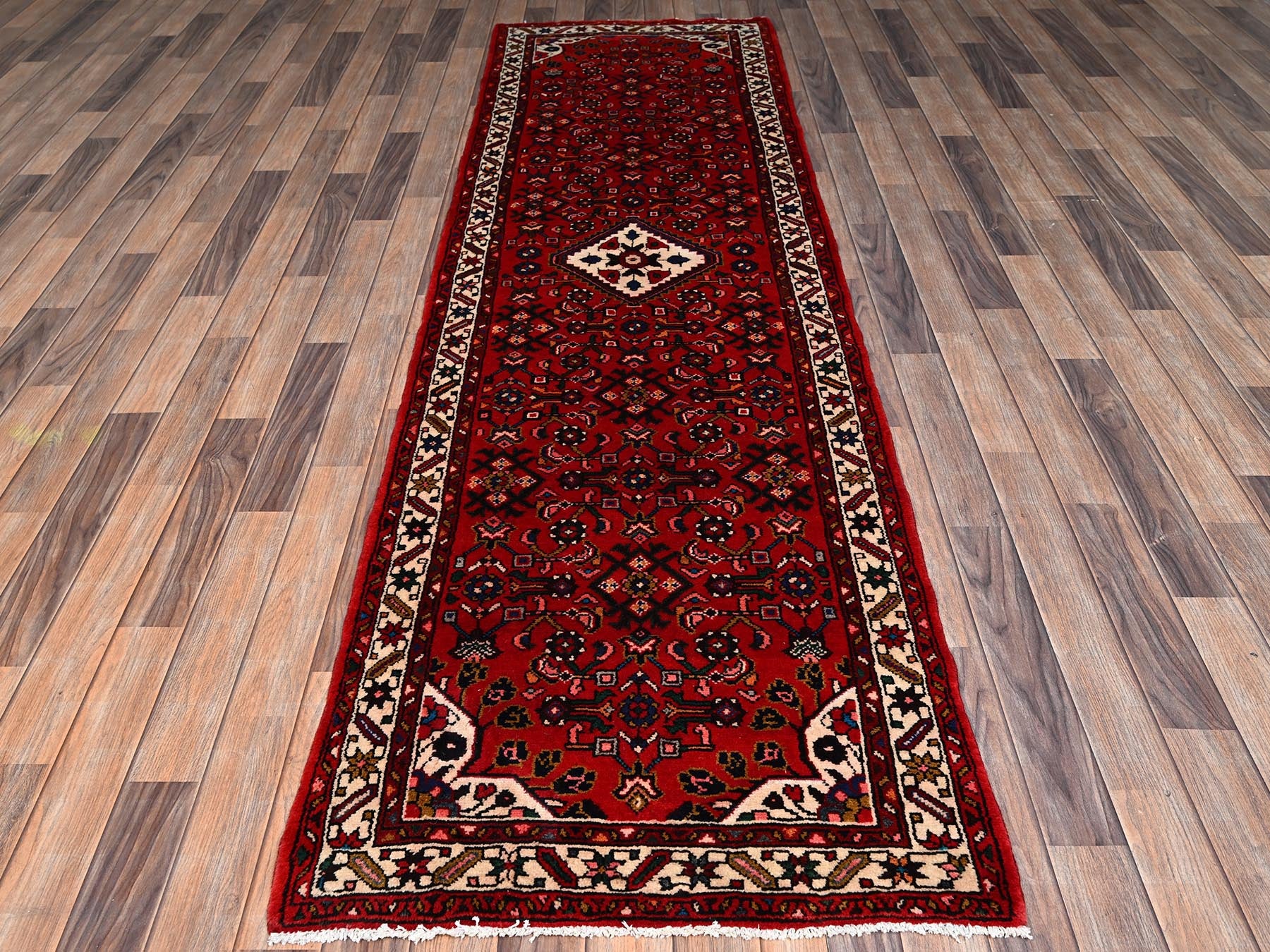 Tribal & Geometric hand-knotted wool runner in Red & Ivory, 2'10" x 9'9" — SKU O02588 (view 2)