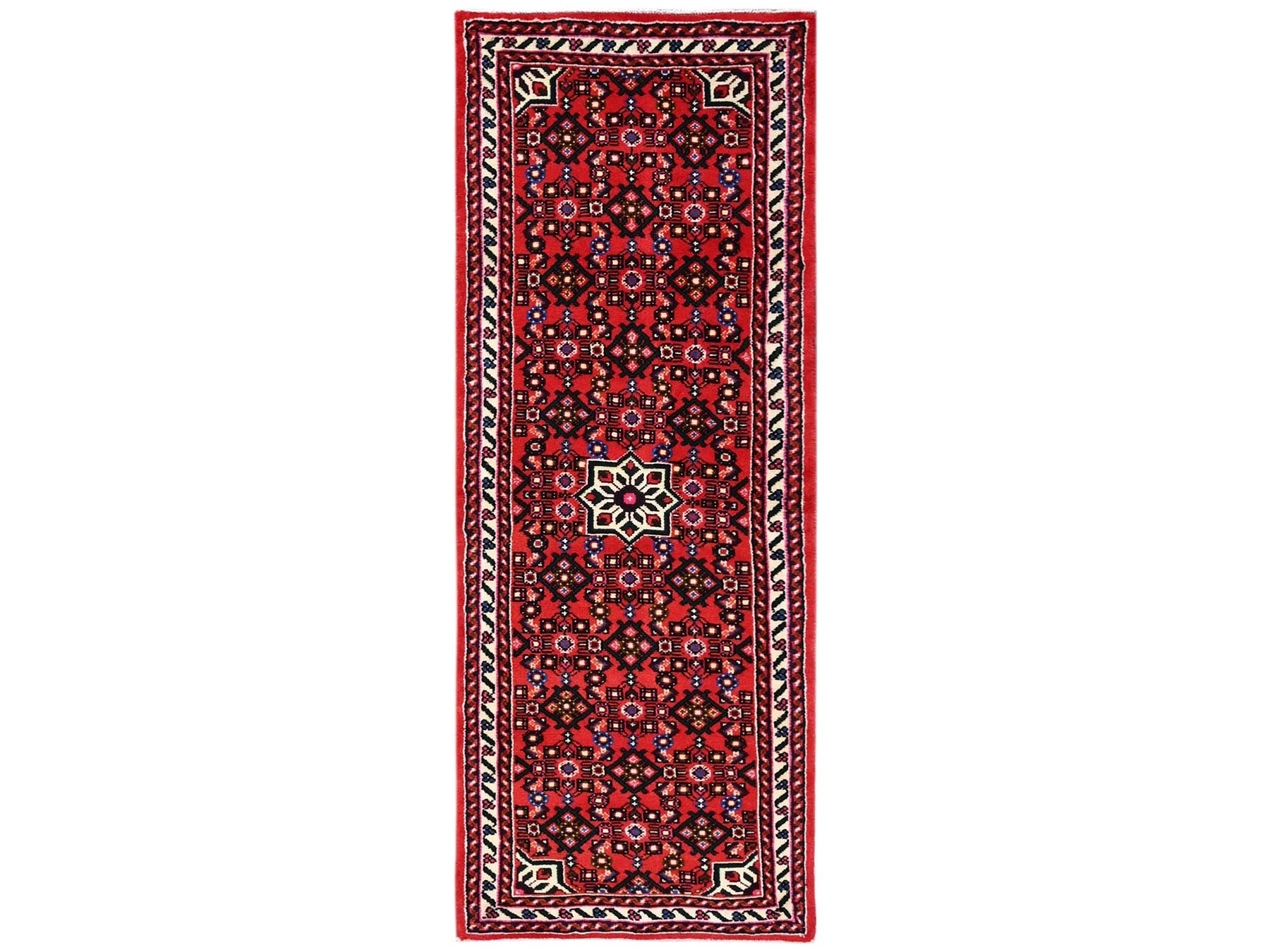Tribal & Geometric hand-knotted wool runner in Red & Ivory, 2'5" x 6'4" — SKU O02589