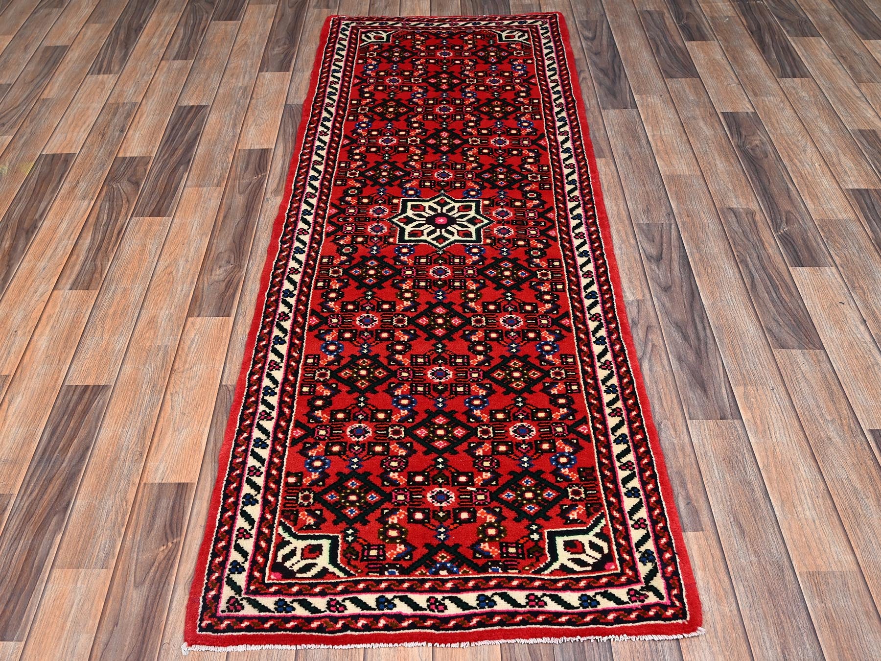 Tribal & Geometric hand-knotted wool runner in Red & Ivory, 2'5" x 6'4" — SKU O02589 (view 2)