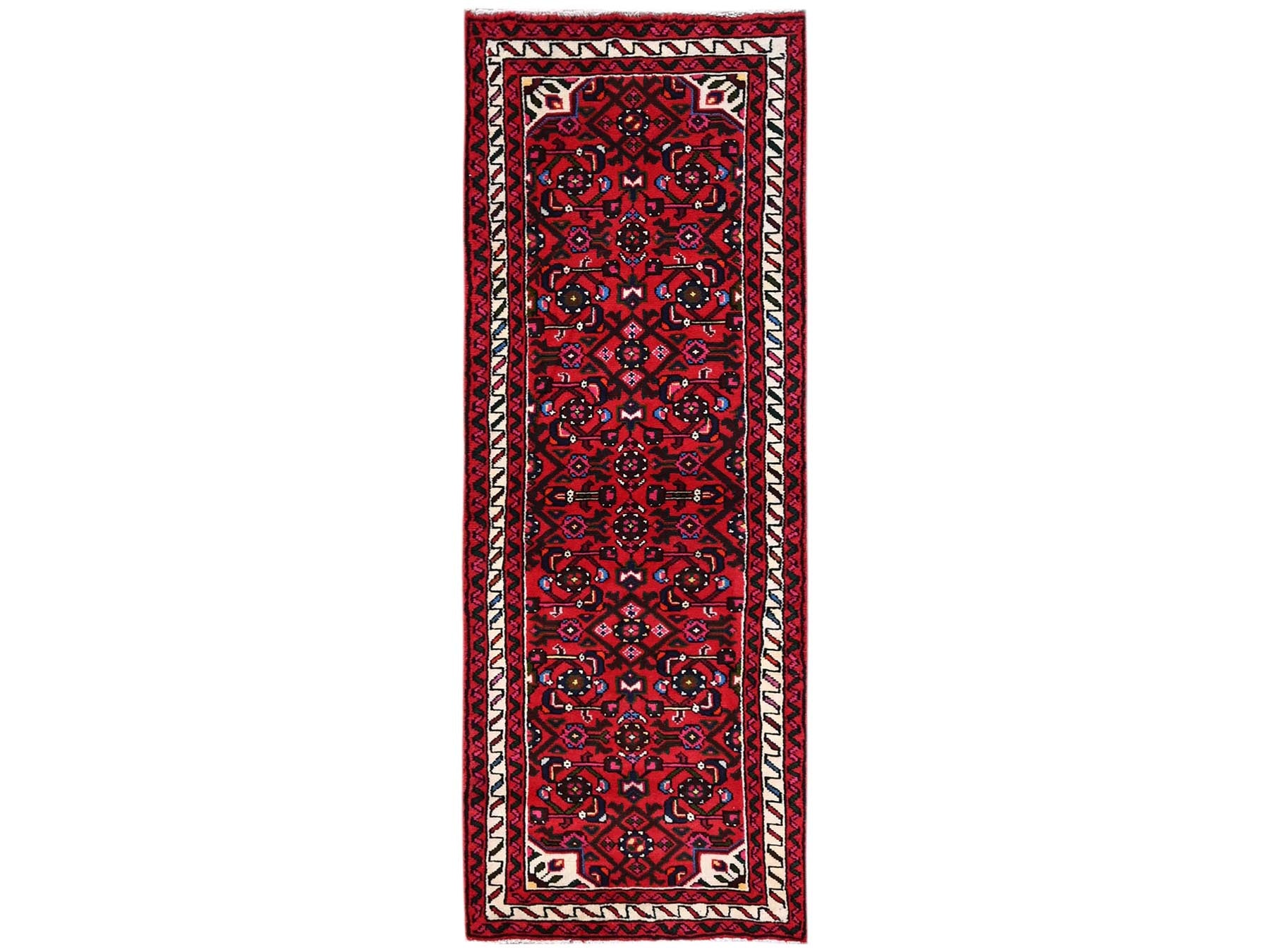 Tribal & Geometric hand-knotted wool runner in Red & Ivory, 2'3" x 6'5" — SKU O02591