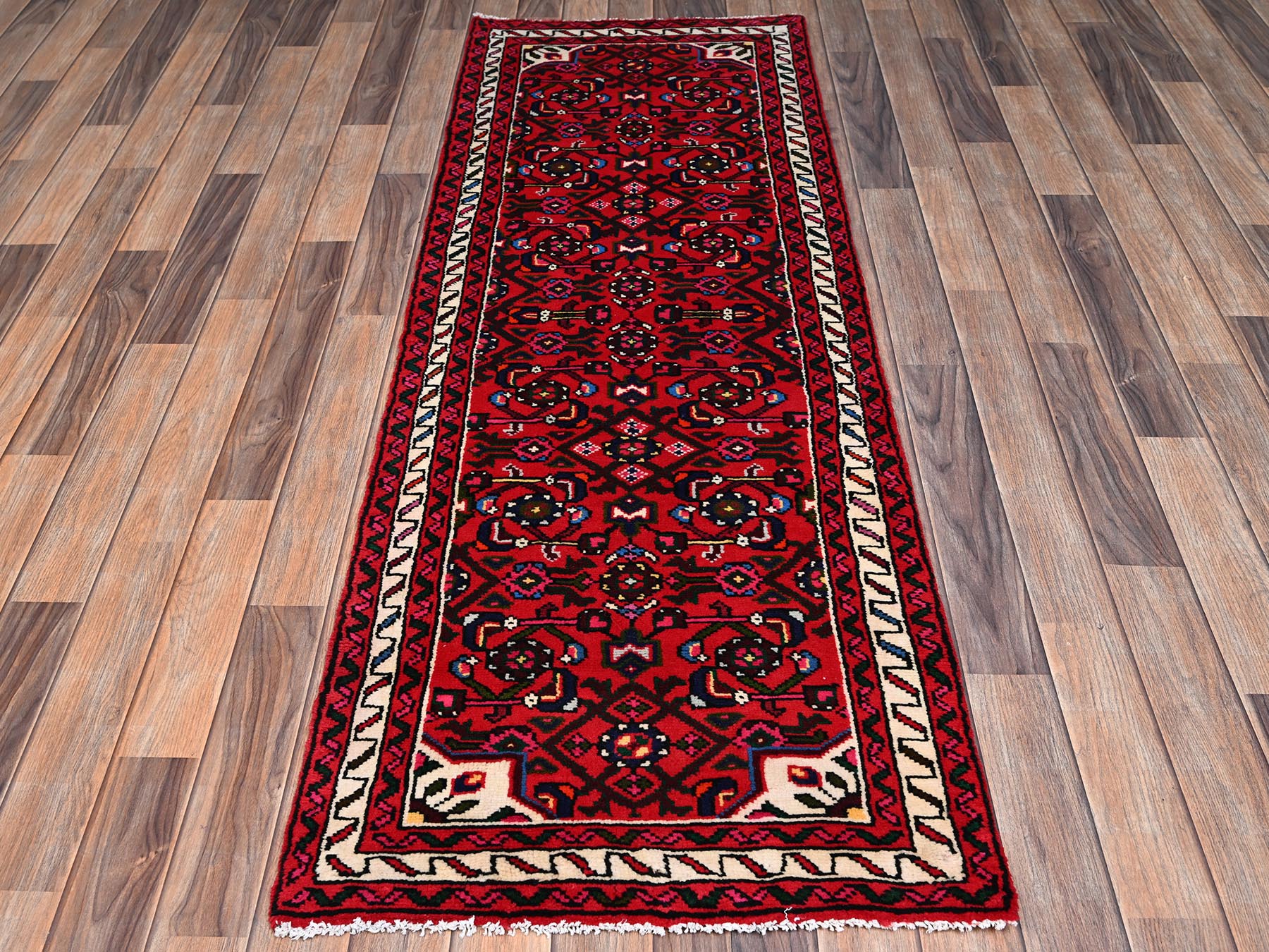 Tribal & Geometric hand-knotted wool runner in Red & Ivory, 2'3" x 6'5" — SKU O02591 (view 2)