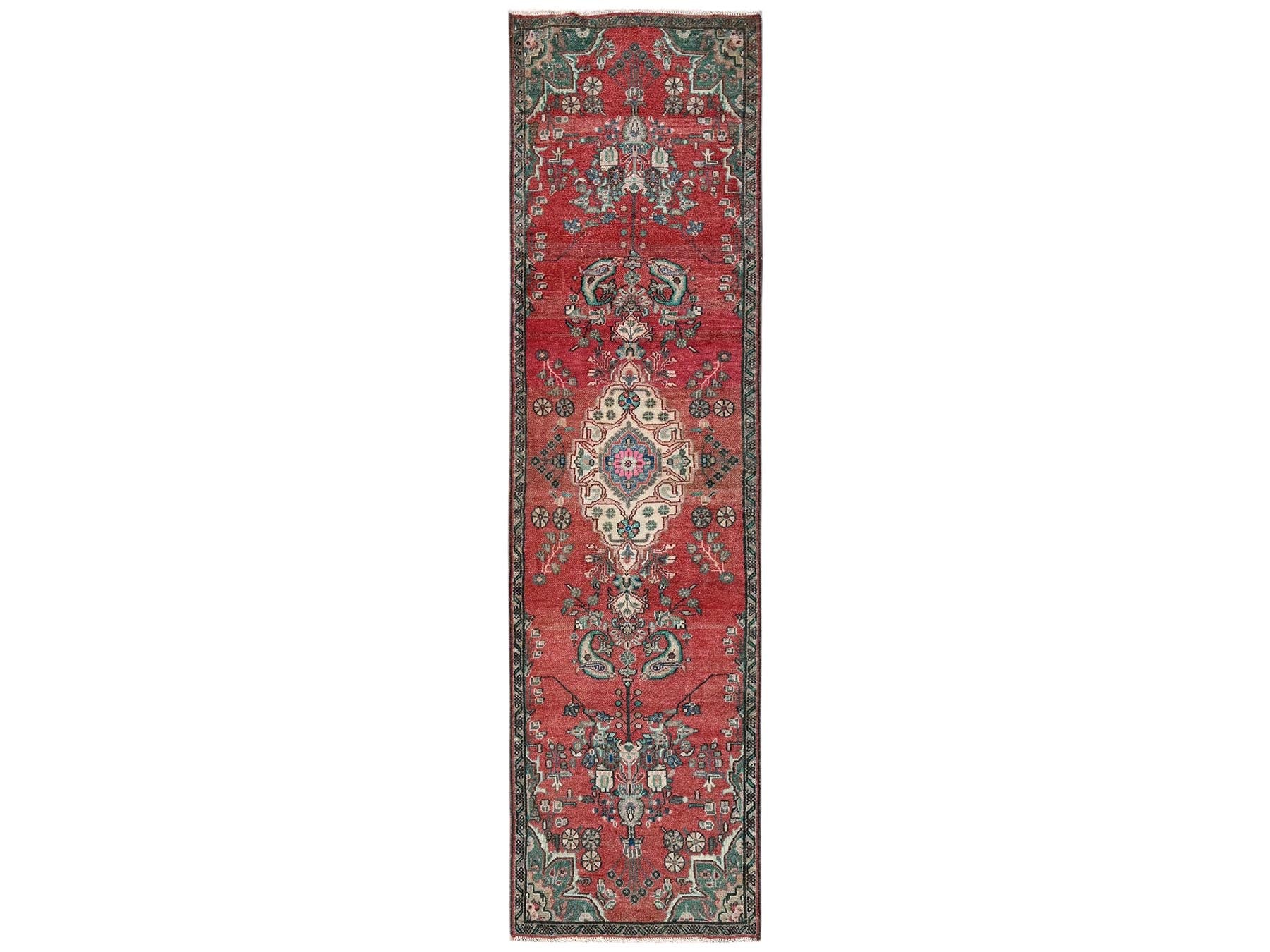 Vintage hand-knotted wool runner in Red & Gray, 2'6" x 9'6" — SKU O02602