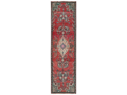 Vintage hand-knotted wool runner in Red & Gray, 2'6" x 9'6" — SKU O02602