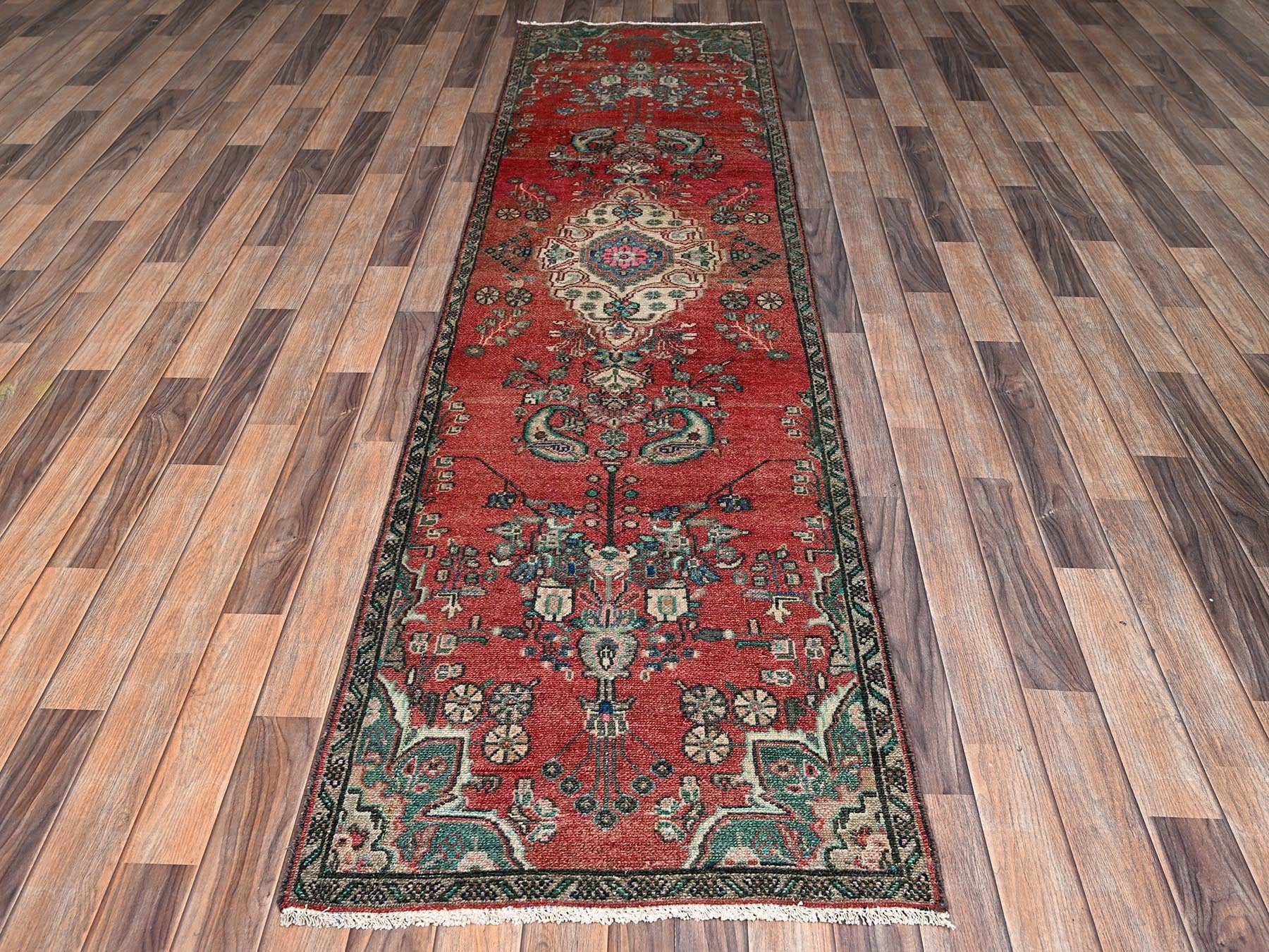 Vintage hand-knotted wool runner in Red & Gray, 2'6" x 9'6" — SKU O02602 (view 2)