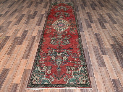Vintage hand-knotted wool runner in Red & Gray, 2'6" x 9'6" — SKU O02602 (view 2)