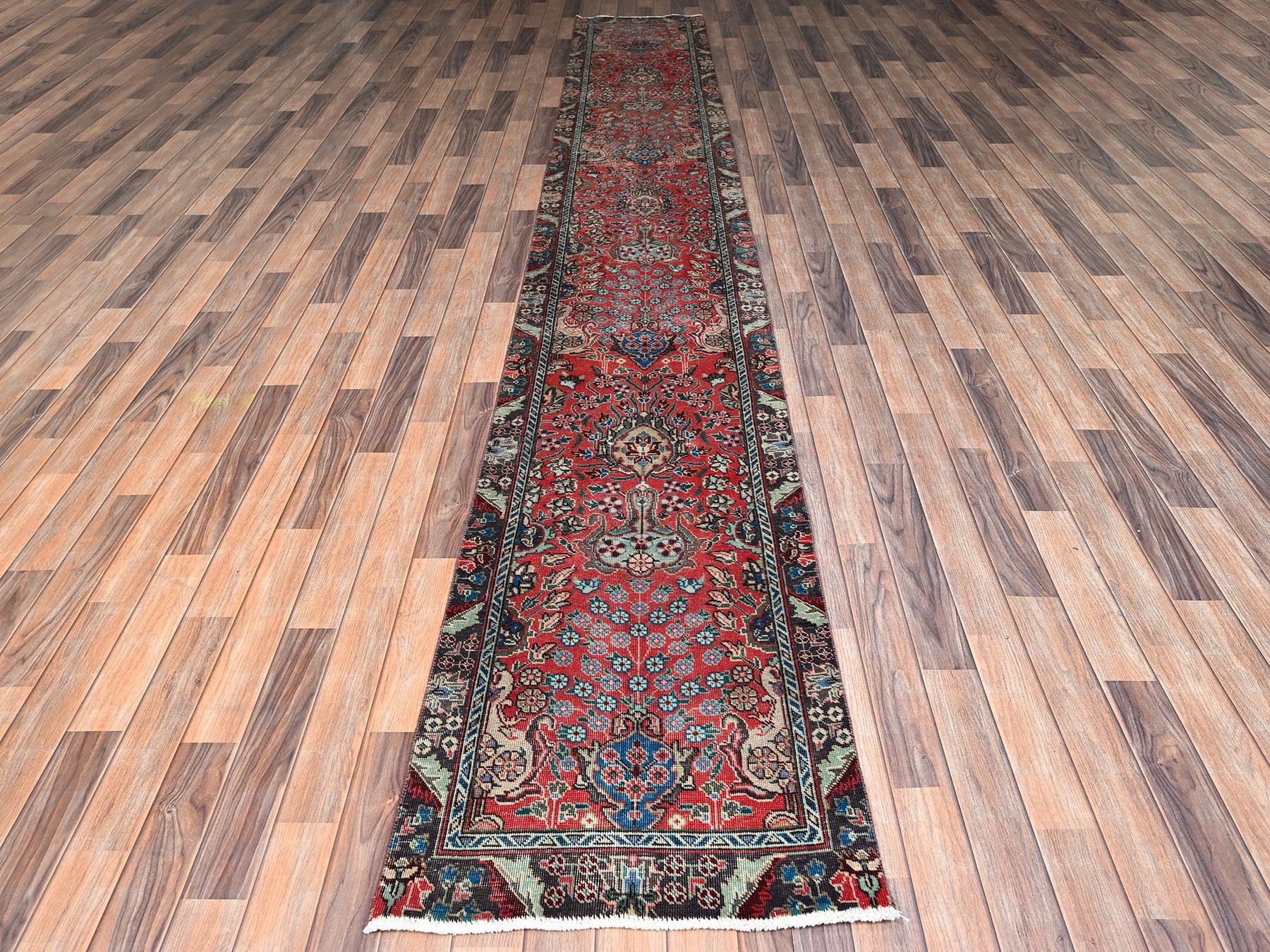 Tabriz Vintage hand-knotted wool runner in Red & Chocolate Brown, 2'3" x 15' — SKU O02615 (view 2)