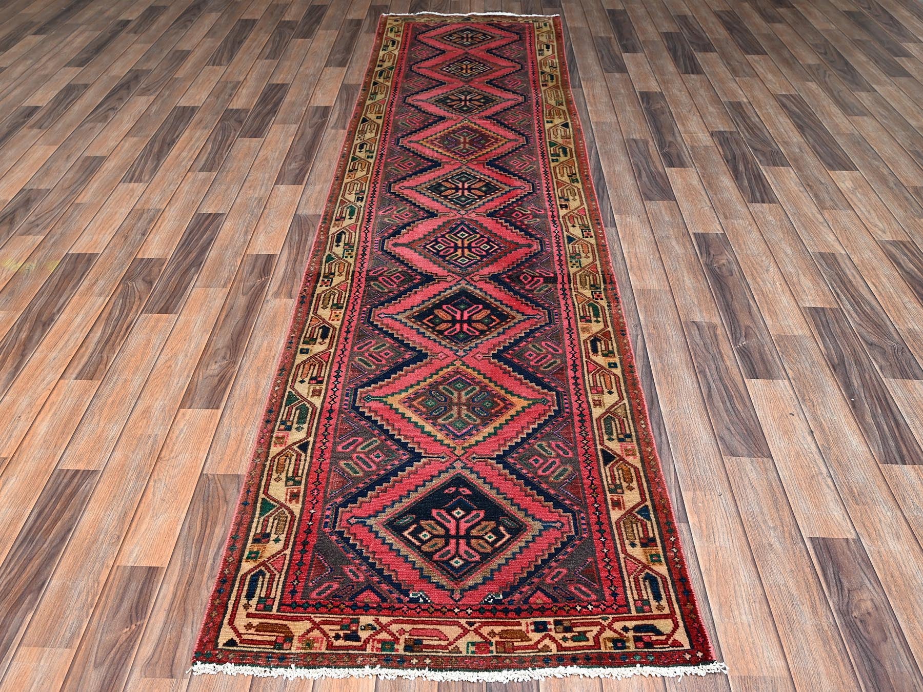 Hamadan Vintage hand-knotted wool runner in Pink & Beige, 2'8" x 10'4" — SKU O02616 (view 2)