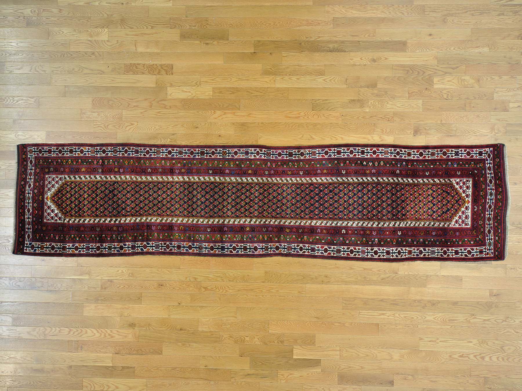 Boteh Persian hand-knotted wool runner in Blue & Ivory, 3'2" x 13'10" — SKU O026171